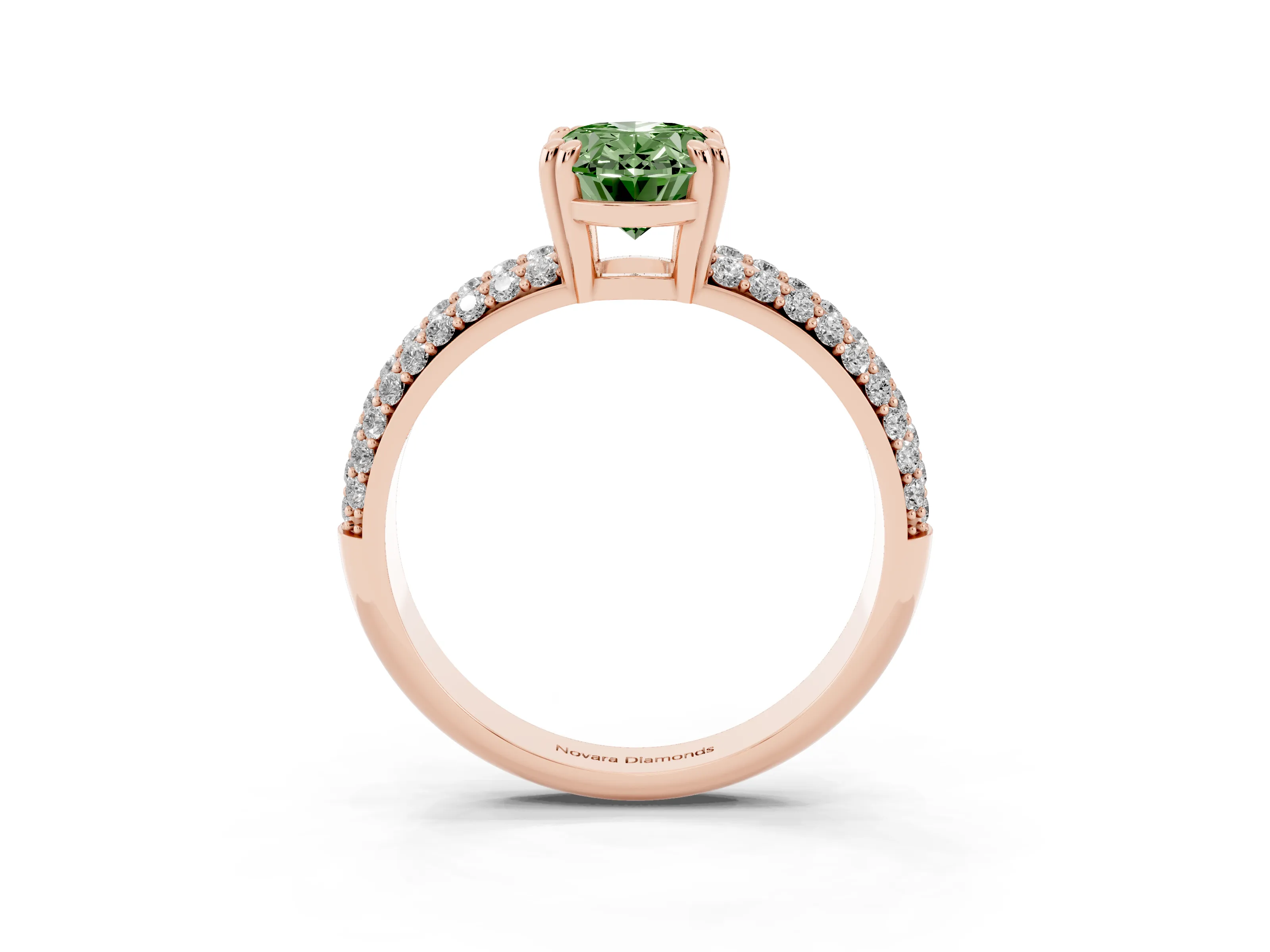 Fancy Green Oval Cut Diamond Solitaire Ring Set in Rose gold with Multi-Row Round Pavé Band and Prong Setting