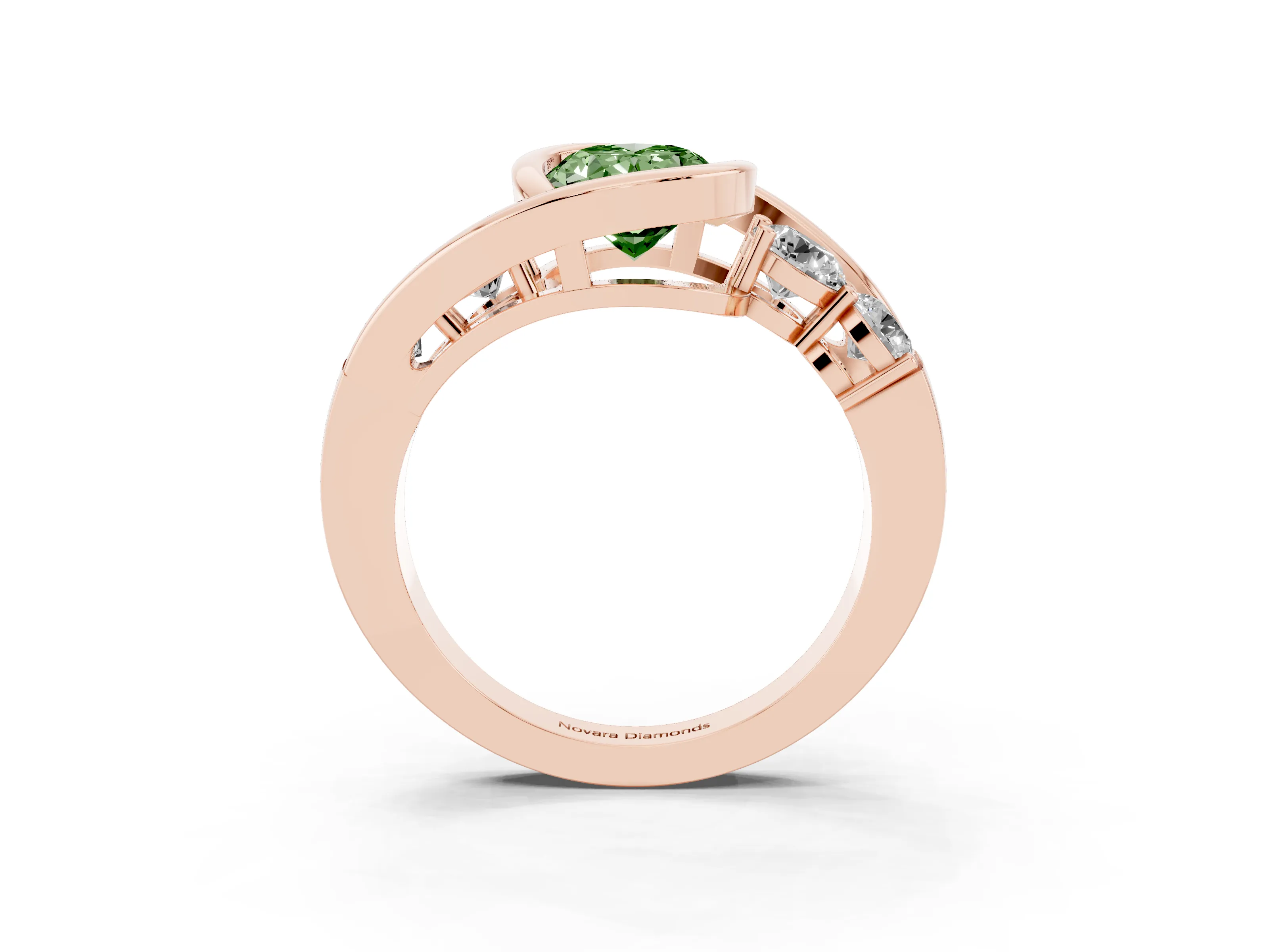 Fancy Green Oval Cut Diamond Bezel Bypass Ring Set in Rose gold with Round Accents