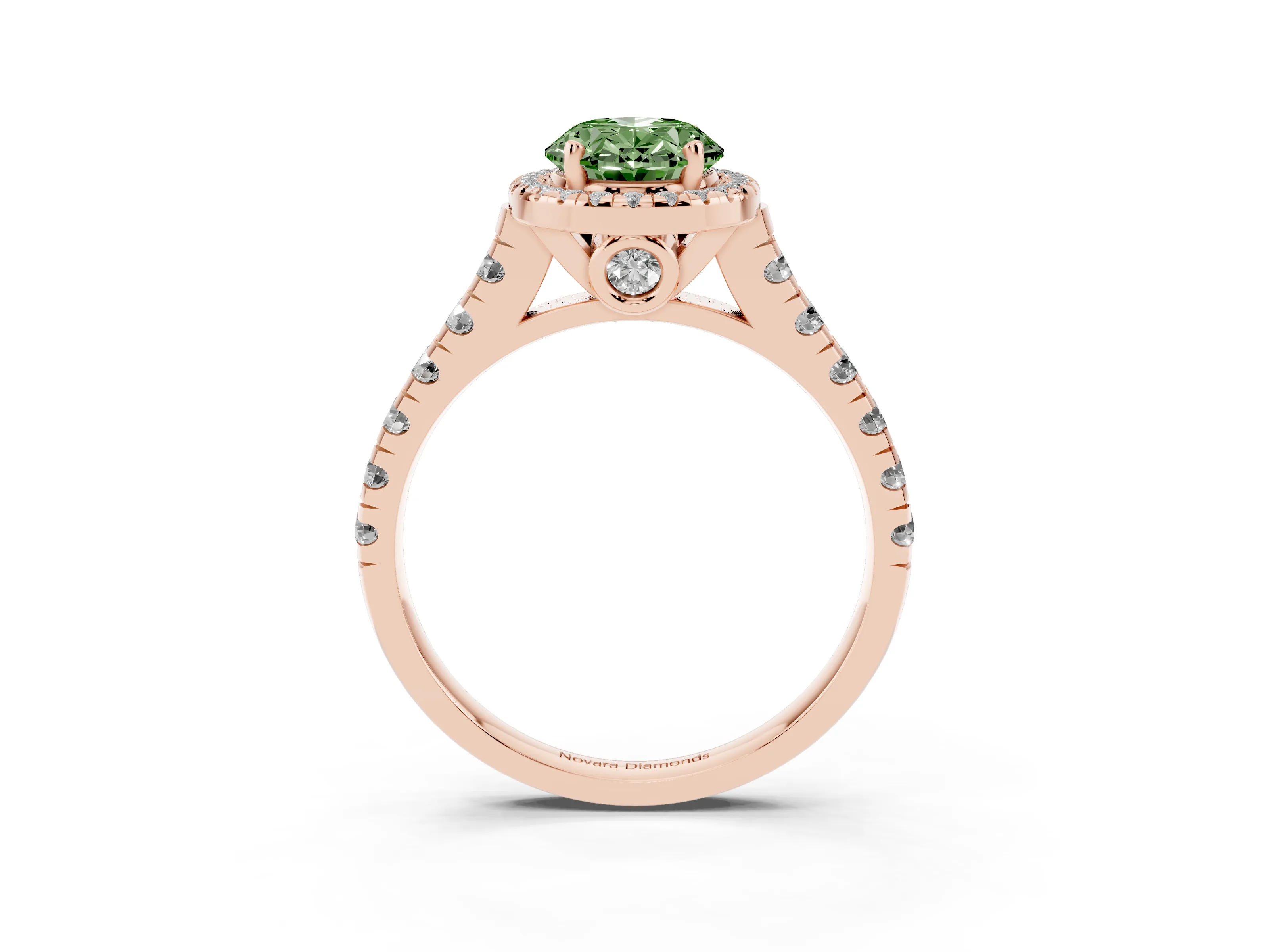 Fancy Green Oval Cut Diamond Halo Engagement Ring Set in Rose gold with Pavé Band and Prong-Set Center