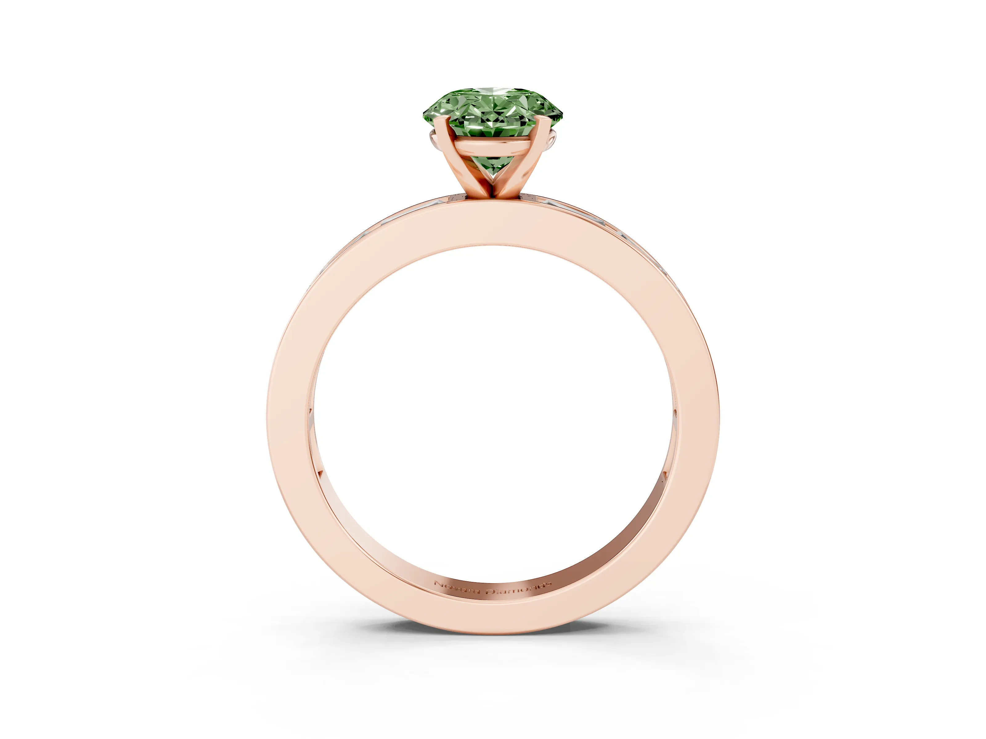 Fancy Green Oval Cut Diamond Solitaire Ring Set in Rose gold with Channel-Set Baguette Band and Prong Setting