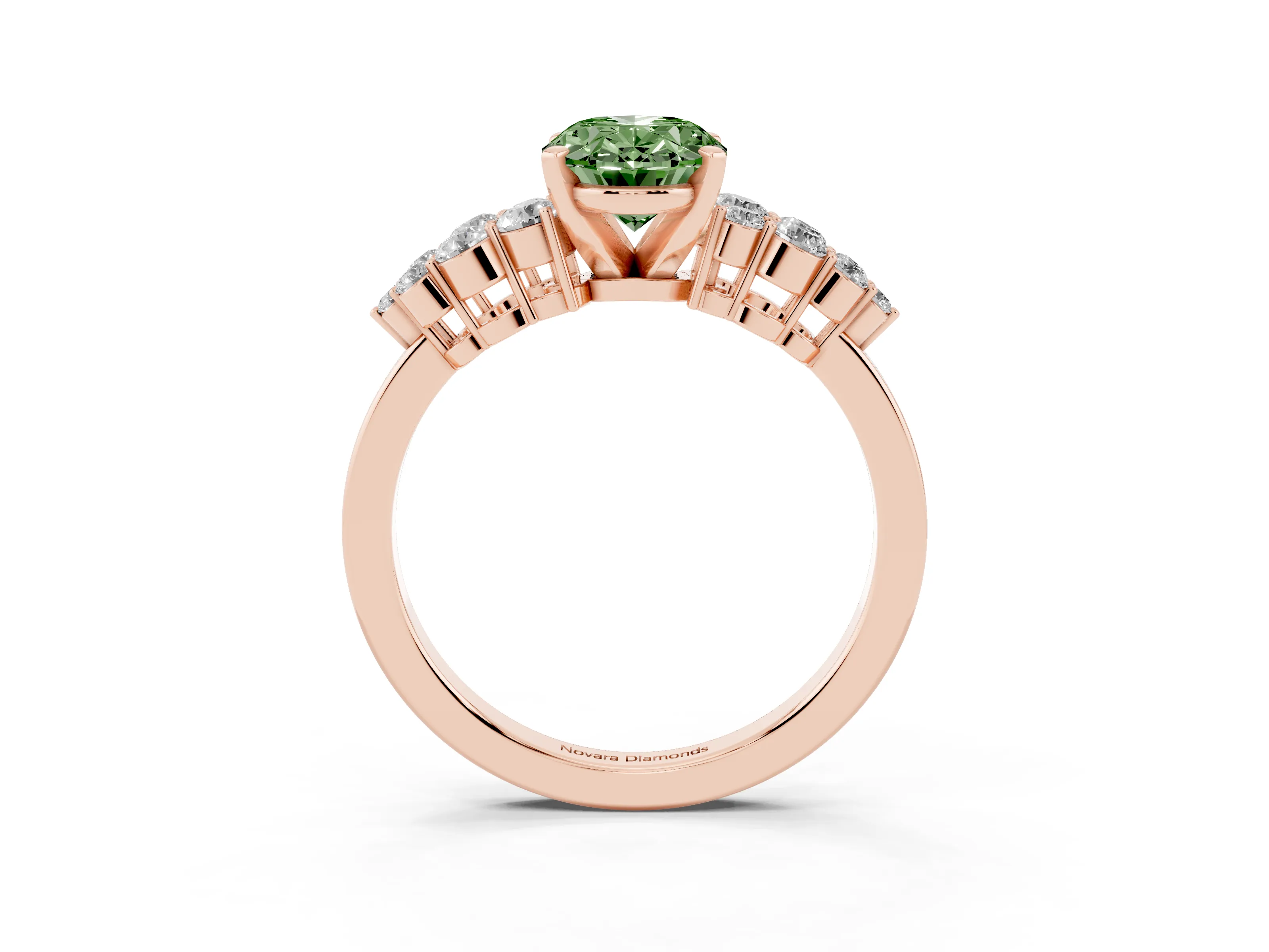 Fancy Green Oval Cut Diamond Cluster Engagement Ring Set in Rose gold with Pavé Band and Prong Setting