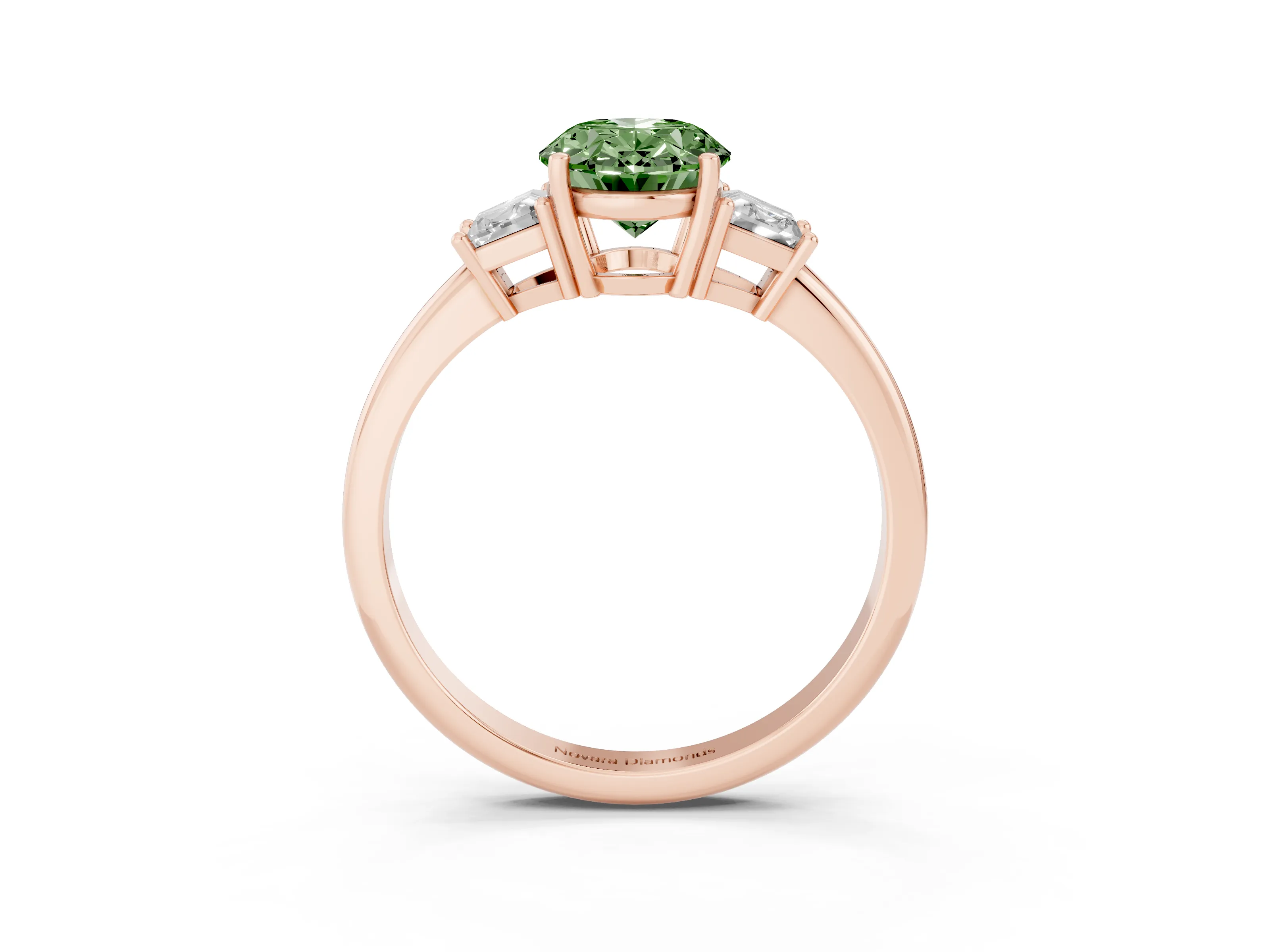 Fancy Green Oval Cut Diamond Three-Stone Ring Set in Rose gold with Trapezoid Side Stones and Prong Setting