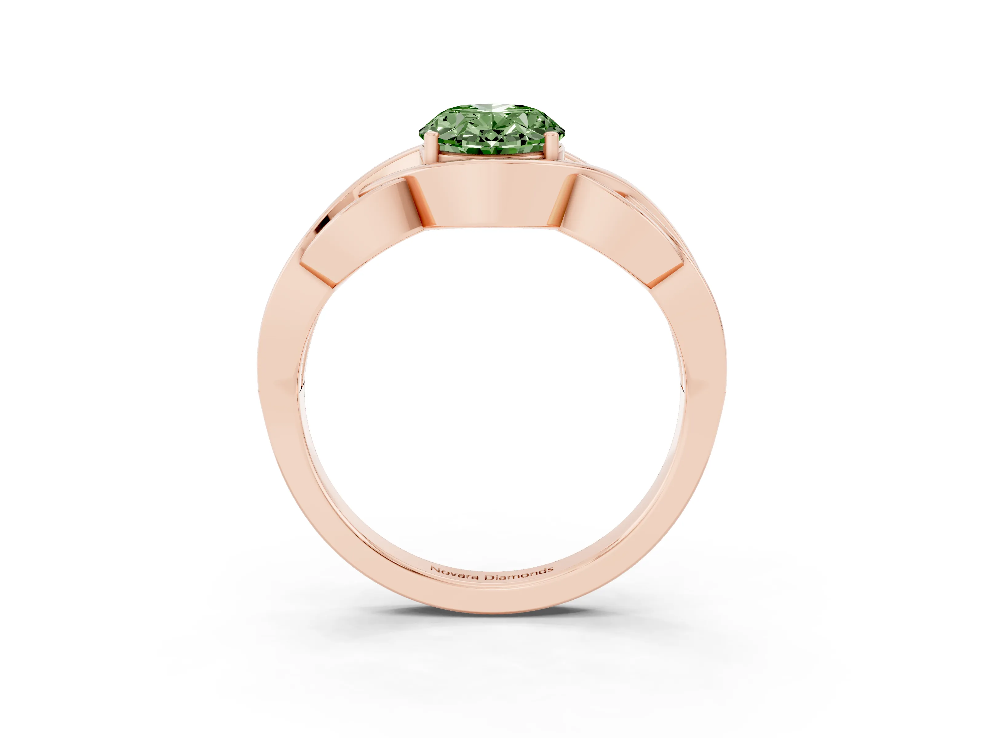 Fancy Green Oval Cut Diamond Solitaire Ring Set in Rose gold with Intertwined Band