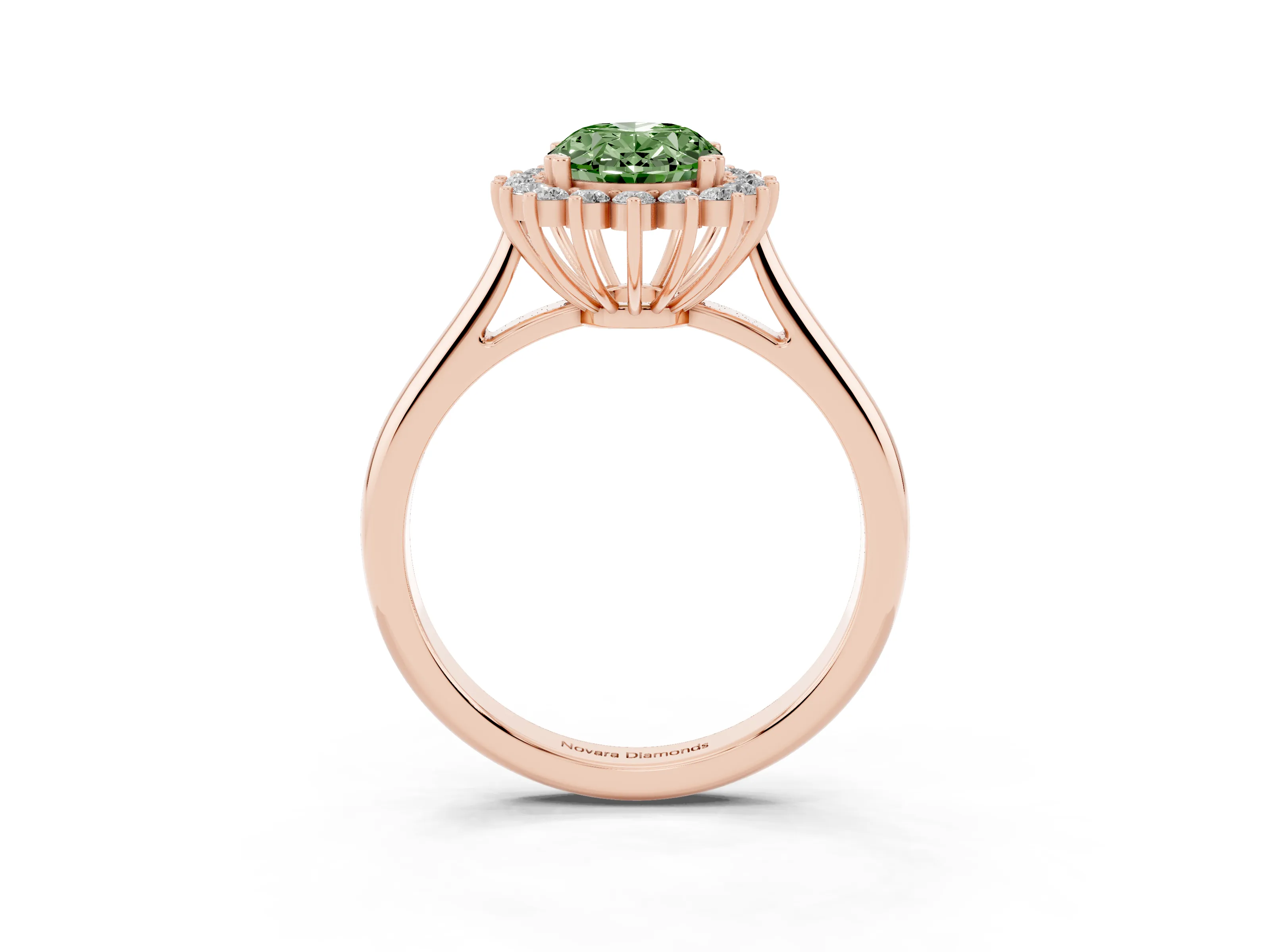 Fancy Green Oval Cut Diamond Halo Ring Set in Rose gold with Plain Solitaire Band and Prong Setting