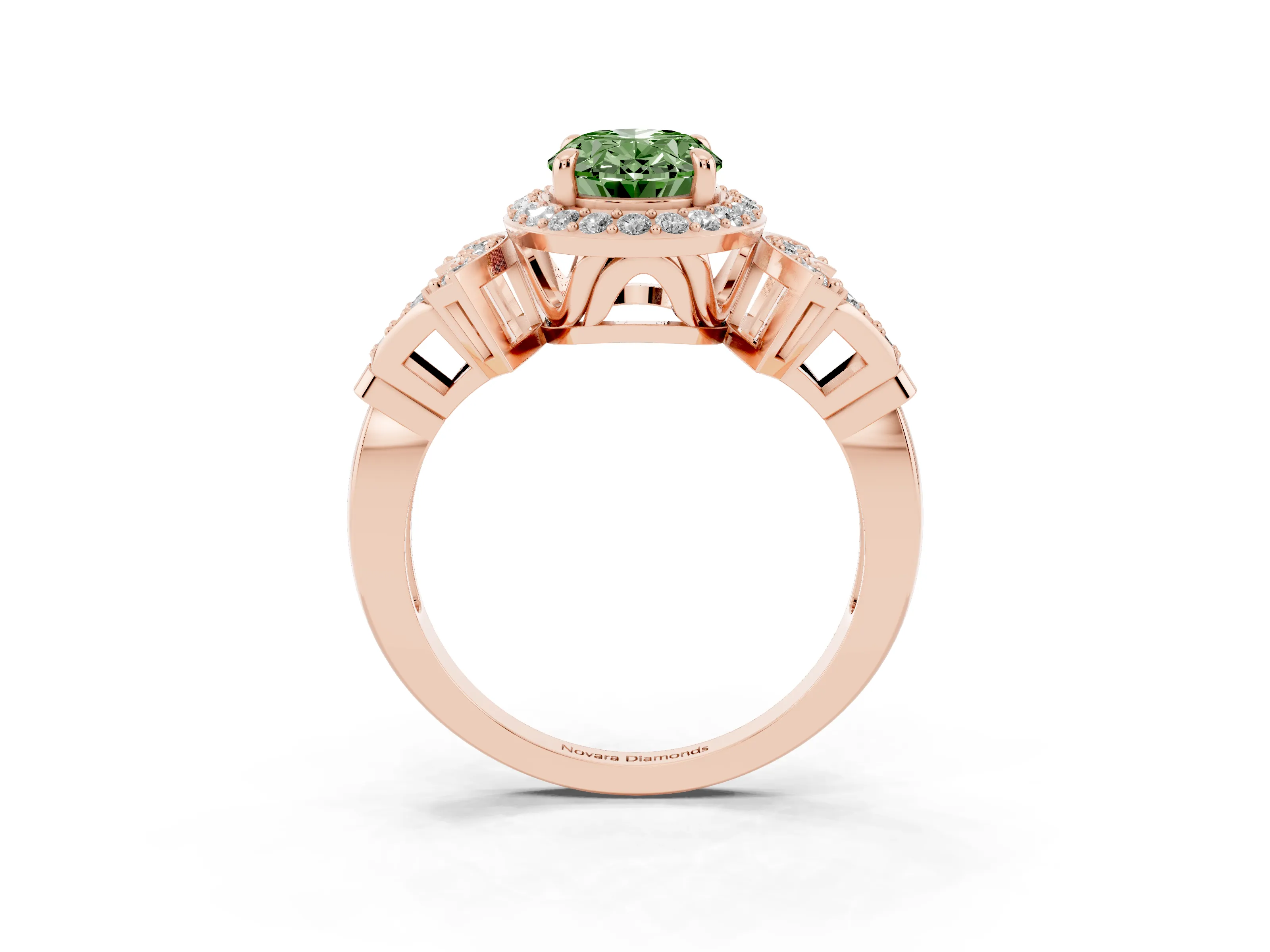 Fancy Green Oval Cut Diamond Halo Engagement Ring Set in Rose gold with Accent Stone Split Shank