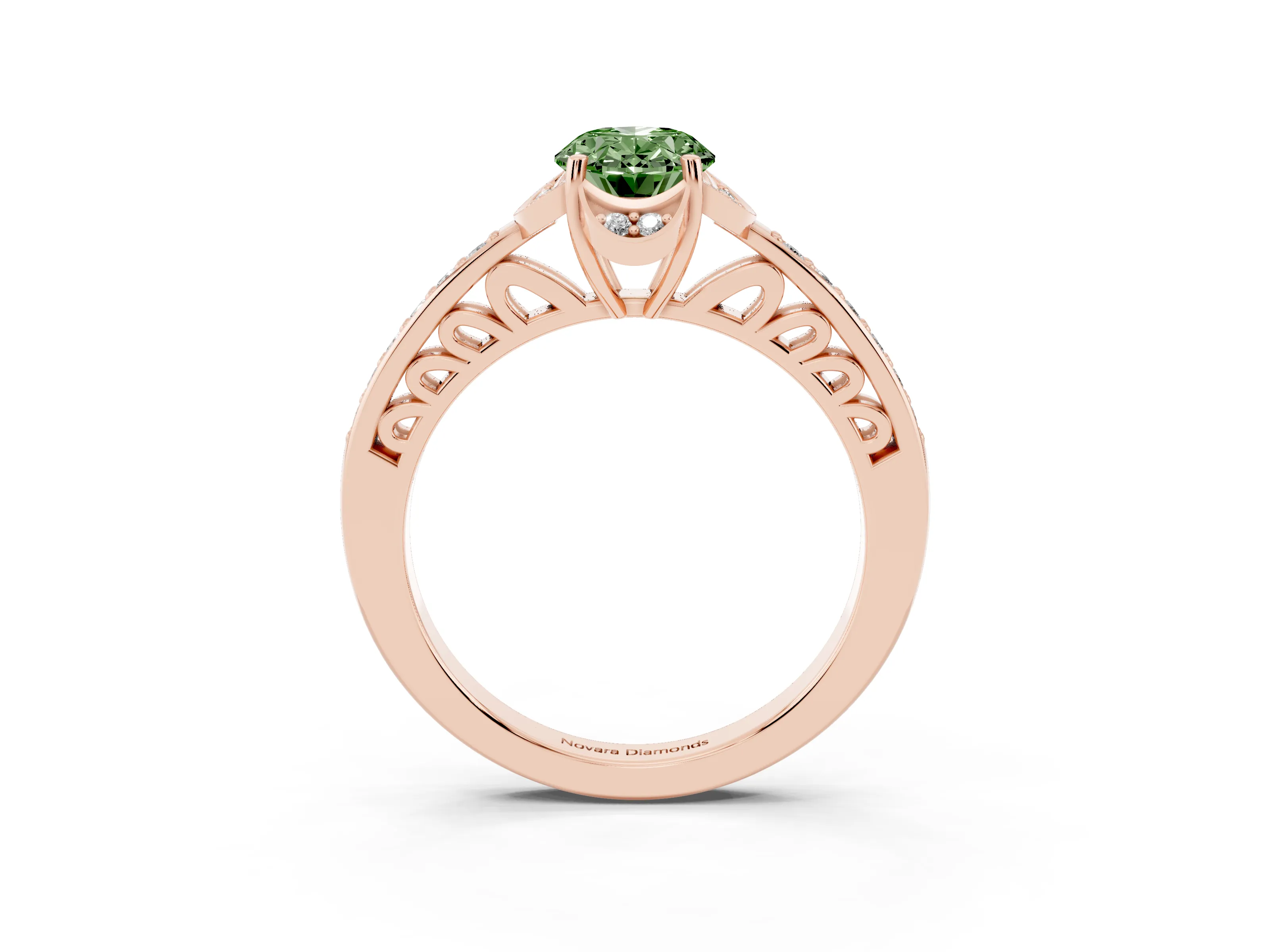 Fancy Green Oval Cut Diamond Halo Ring Set in Rose gold with Channel Set Band and Prong Setting