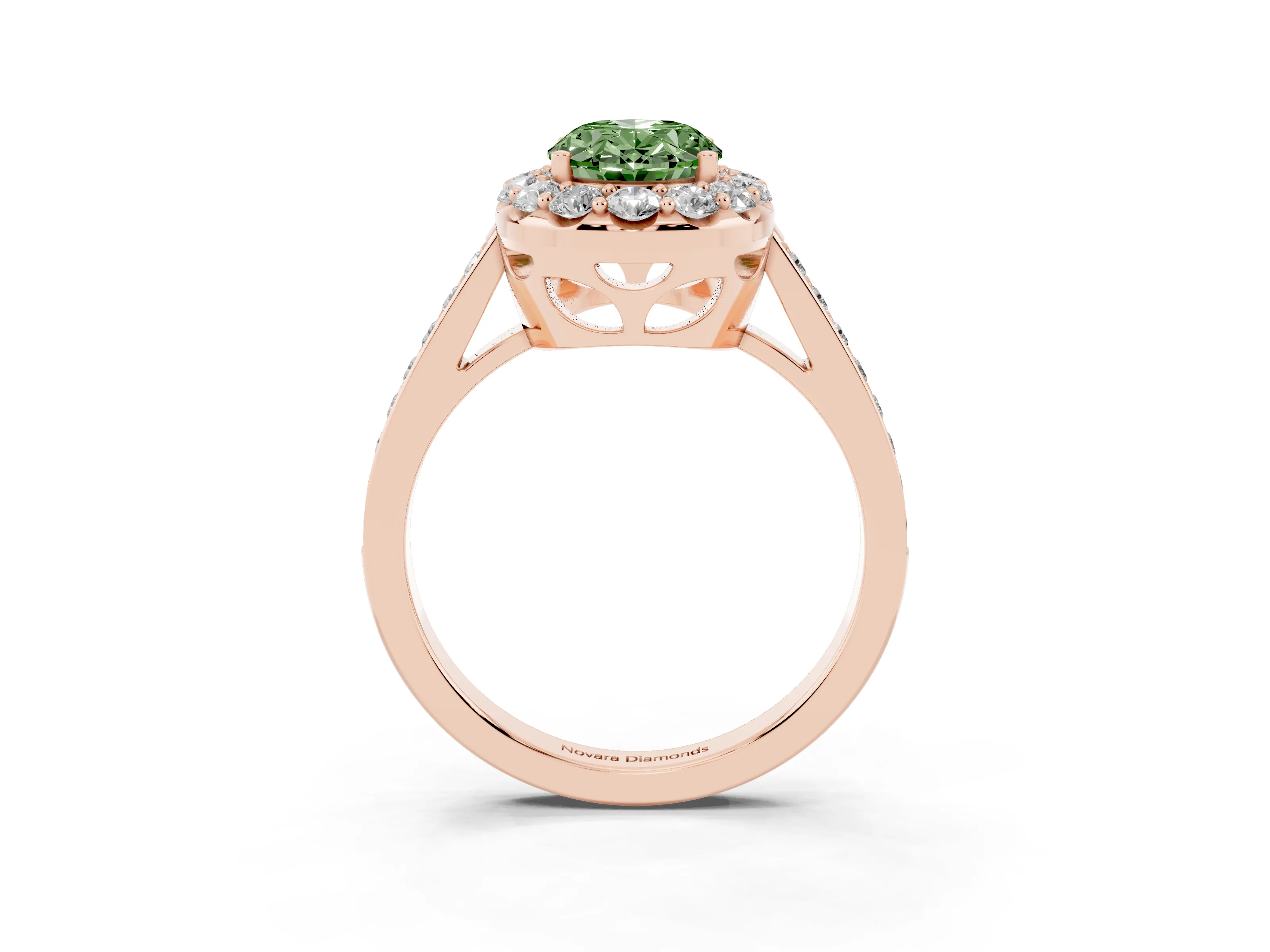 Fancy Green Oval Cut Diamond Floral Halo Ring Set in Rose gold with Pavé Band and Prong Setting