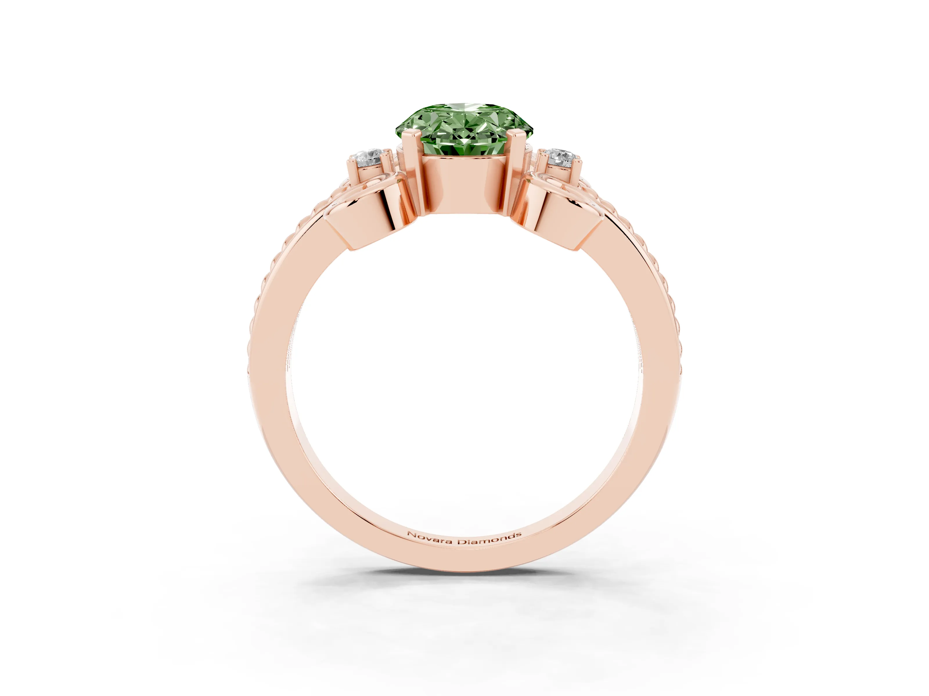 Fancy Green Oval Cut Diamond Twisted Band Solitaire Ring Set in Rose gold with Scroll Prongs