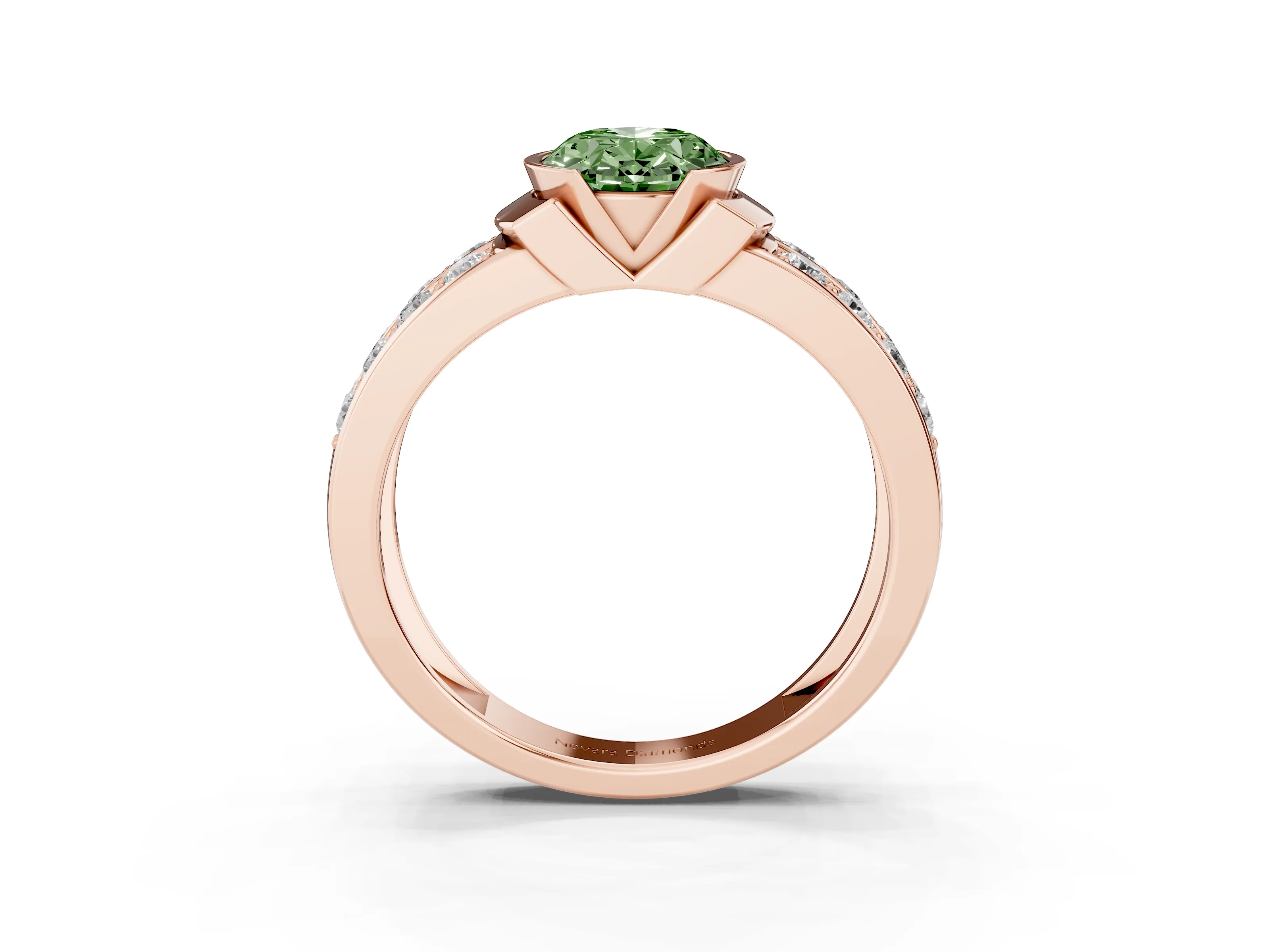 Fancy Green Oval Cut Diamond Wide Channel Set Band Ring Set in Rose gold with Bezel Setting