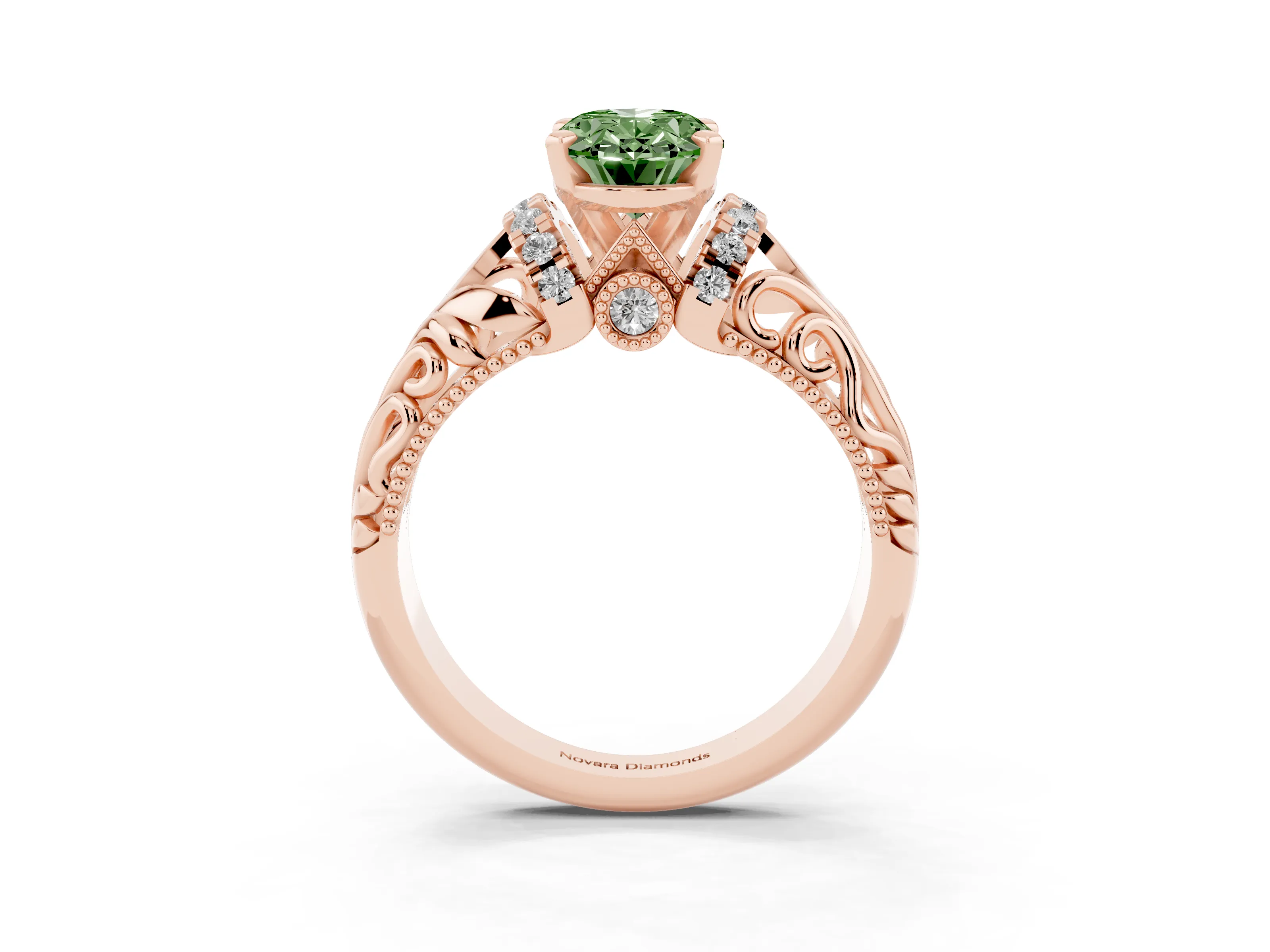 Fancy Green Oval Cut Diamond Filigree Halo Engagement Ring Set in Rose gold with Prong Setting