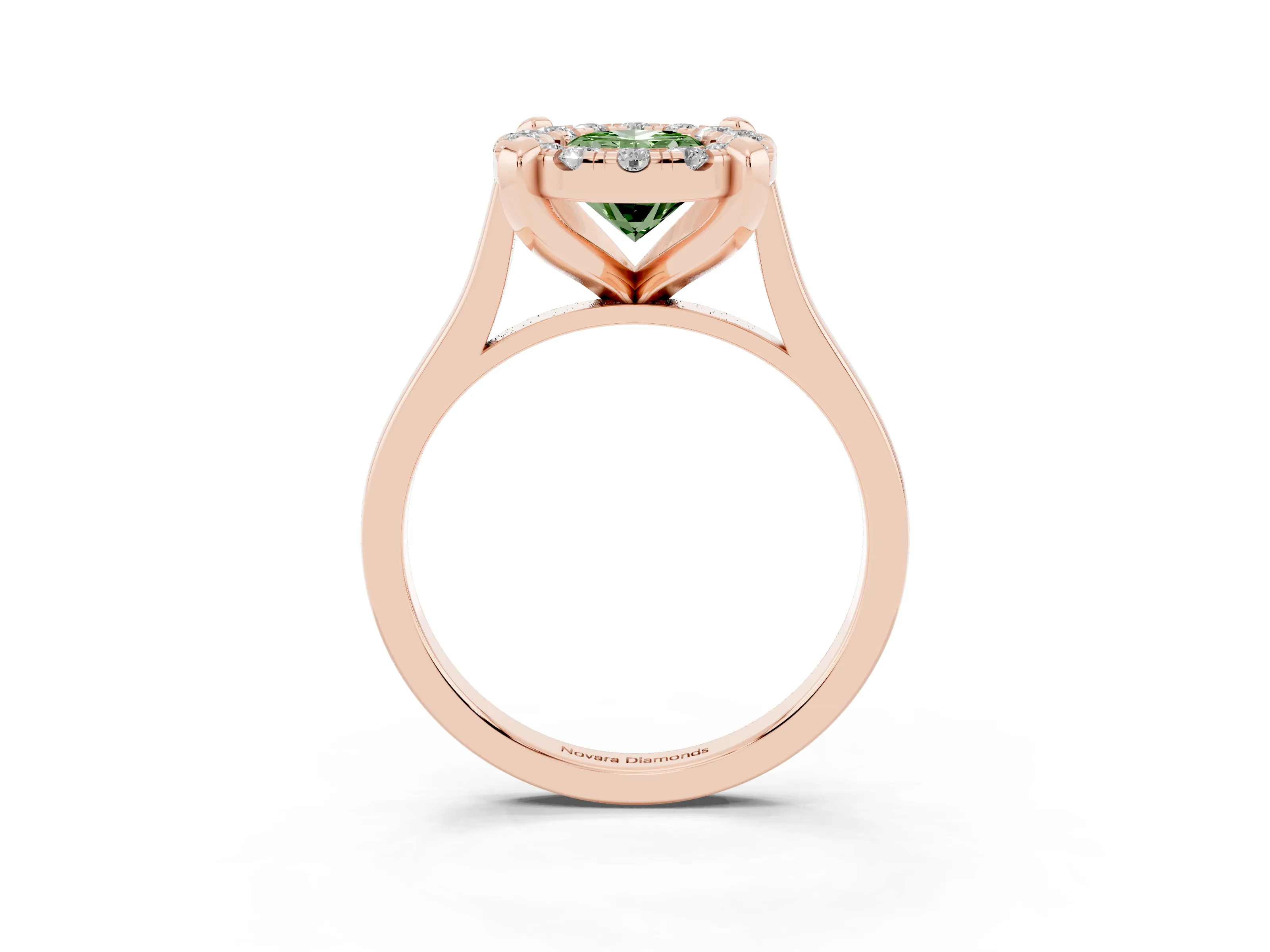 Fancy Green Oval Cut Diamond Cluster Halo Solitaire Ring Set in Rose gold with Prong Setting