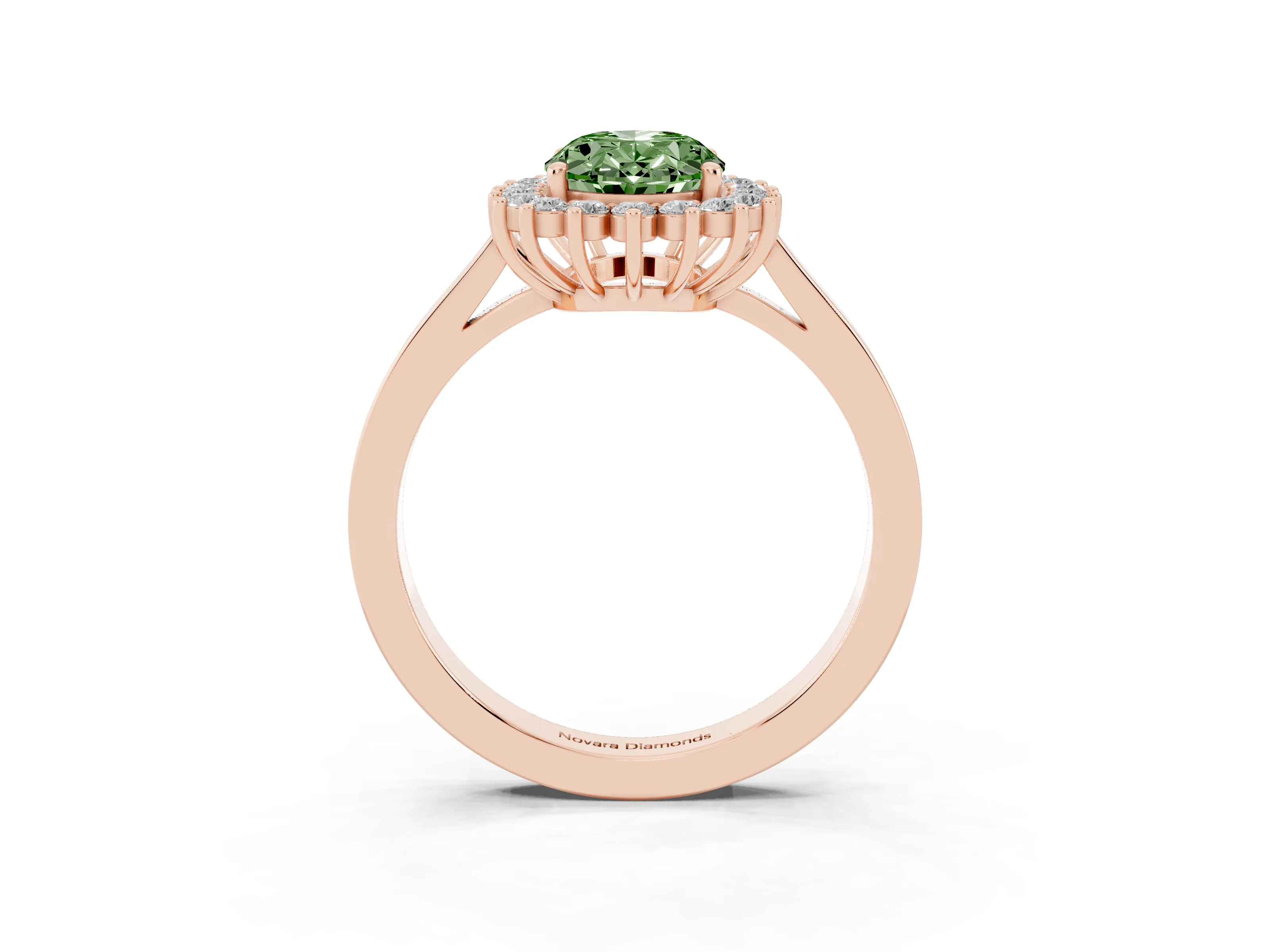 Fancy Green Oval Cut Diamond Halo Ring Set in Rose gold with Round Halo and Smooth Solitaire Band