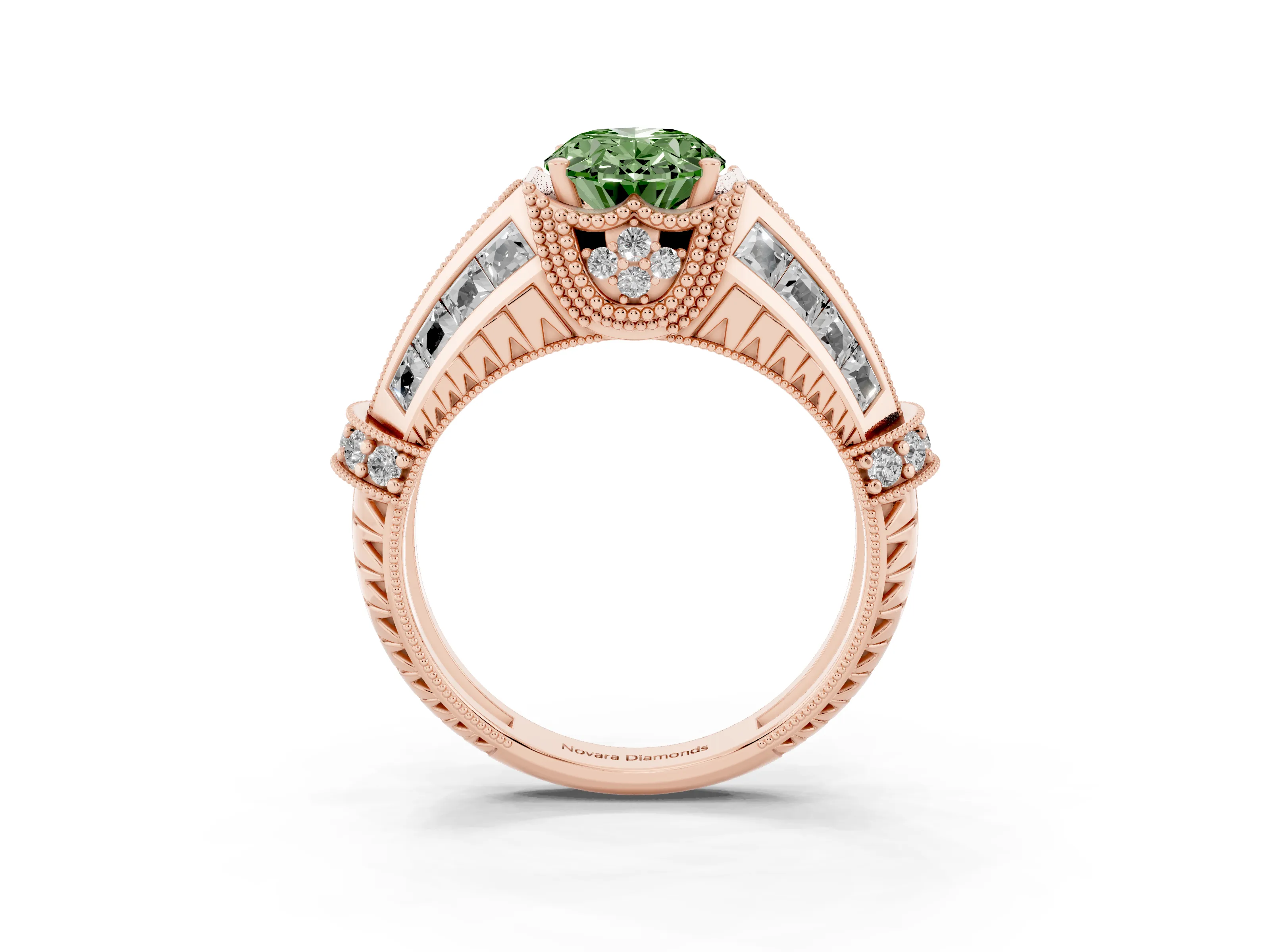Fancy Green Oval Cut Diamond Vintage-Inspired Milgrain Ring Set in Rose gold with Accent Split Shank