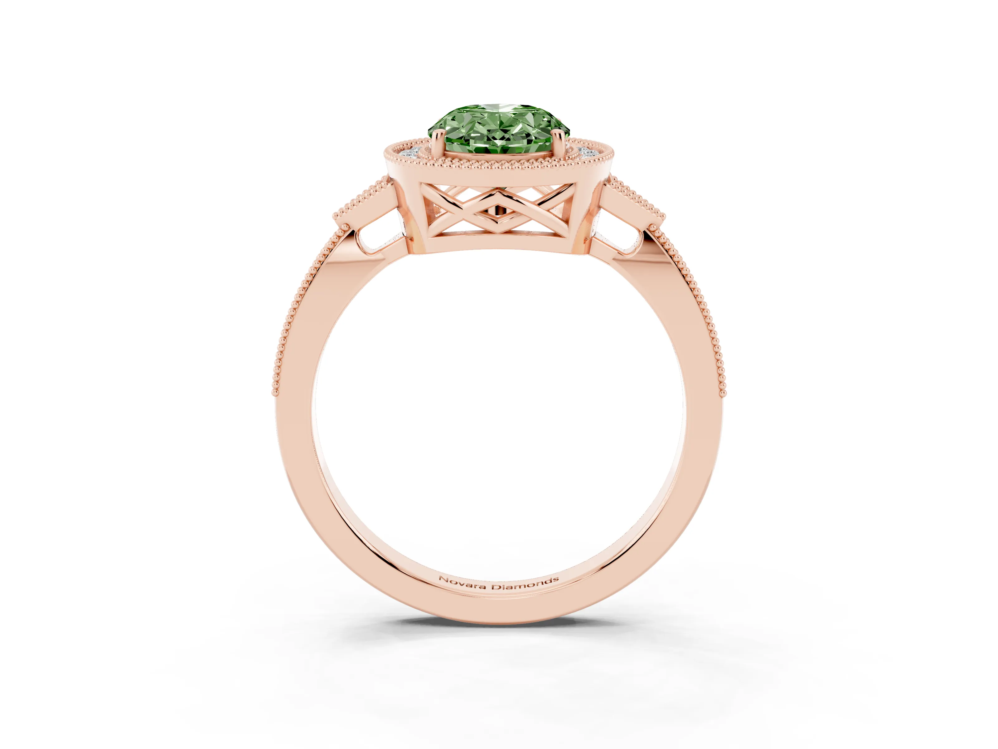 Fancy Green Oval Cut Diamond Halo Engagement Ring Set in Rose gold with Milgrain Pavé Band