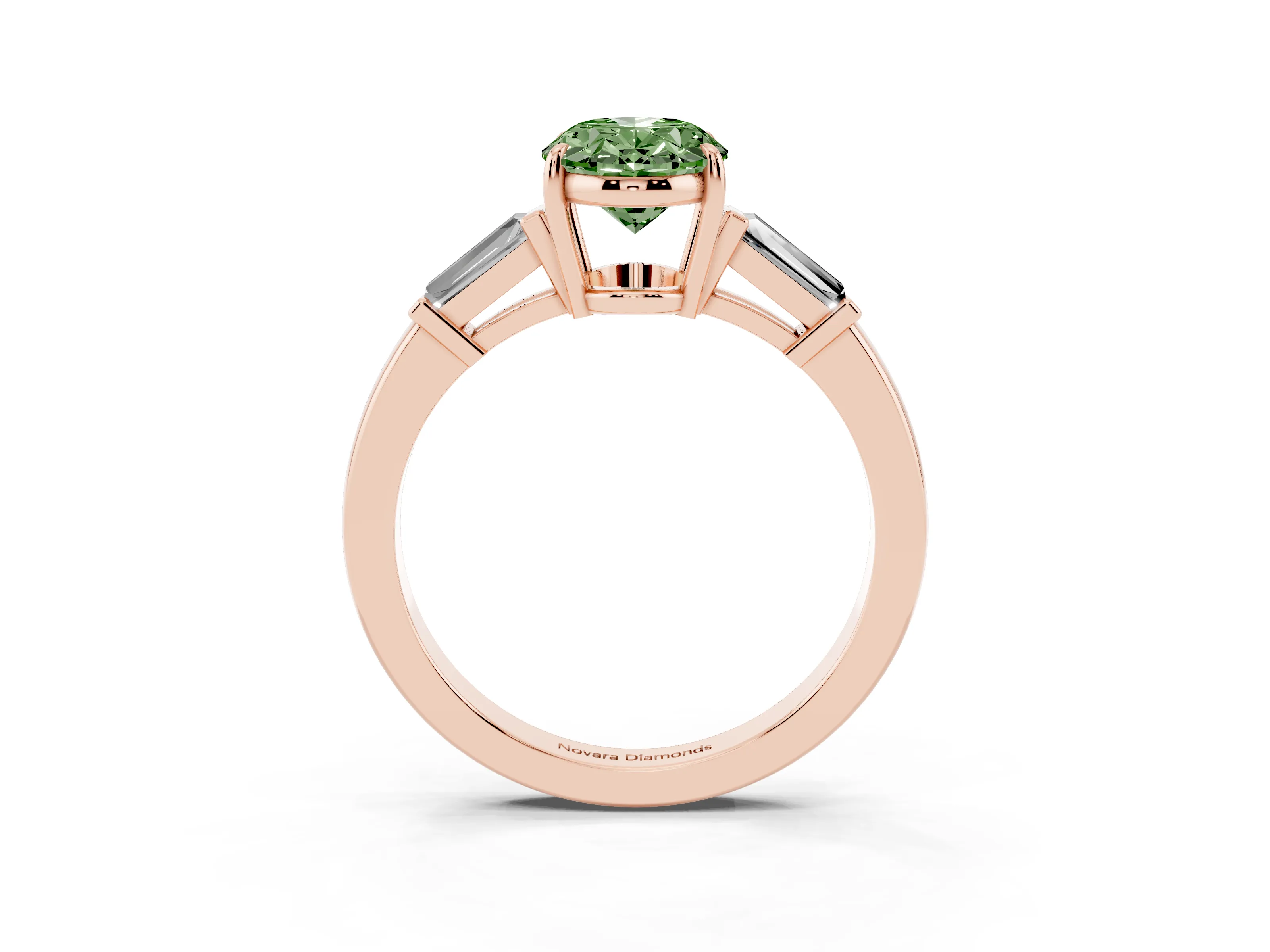 Fancy Green Oval Cut Diamond Three-Stone Ring Set in Rose gold with Tapered Baguette Side Stones and Prong Setting