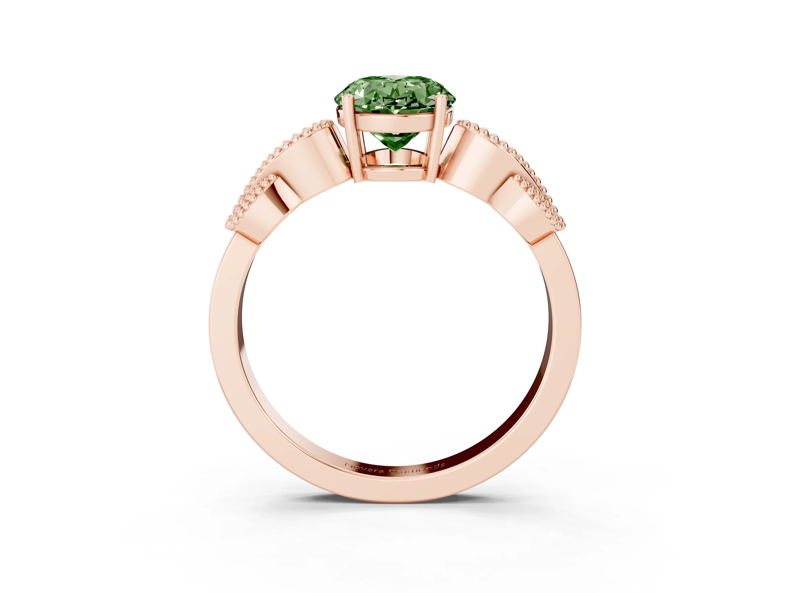 Fancy Green Oval Cut Diamond Milgrain Leaf Band Solitaire Ring Set in Rose gold with Accent Stones and Prong Setting
