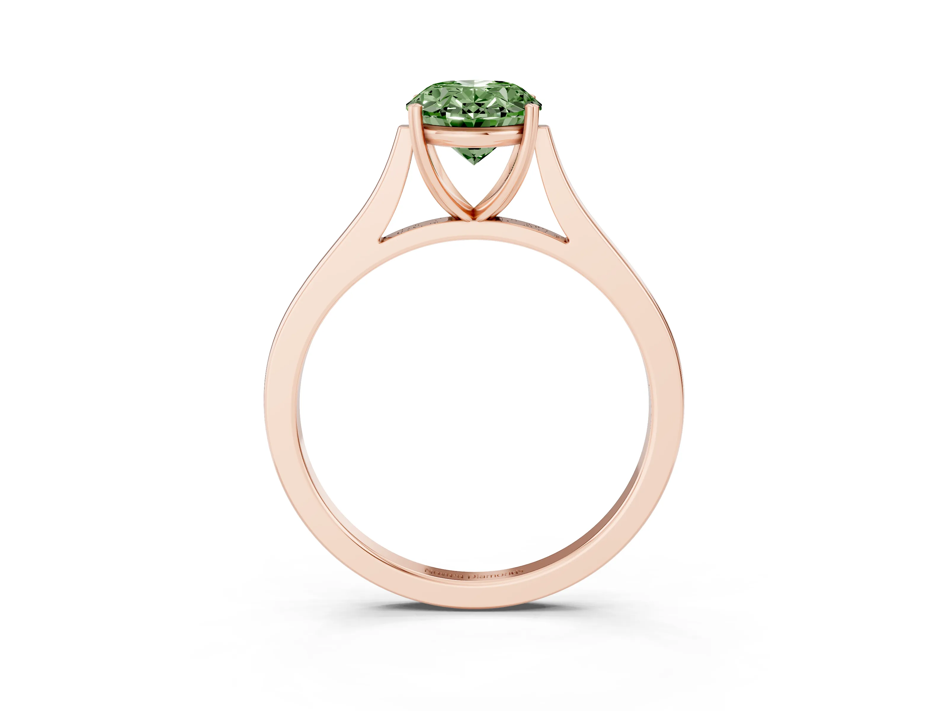 Fancy Green Oval Cut Diamond Solitaire Heart Prong Engagement Ring Set in Rose gold with Tapered Band