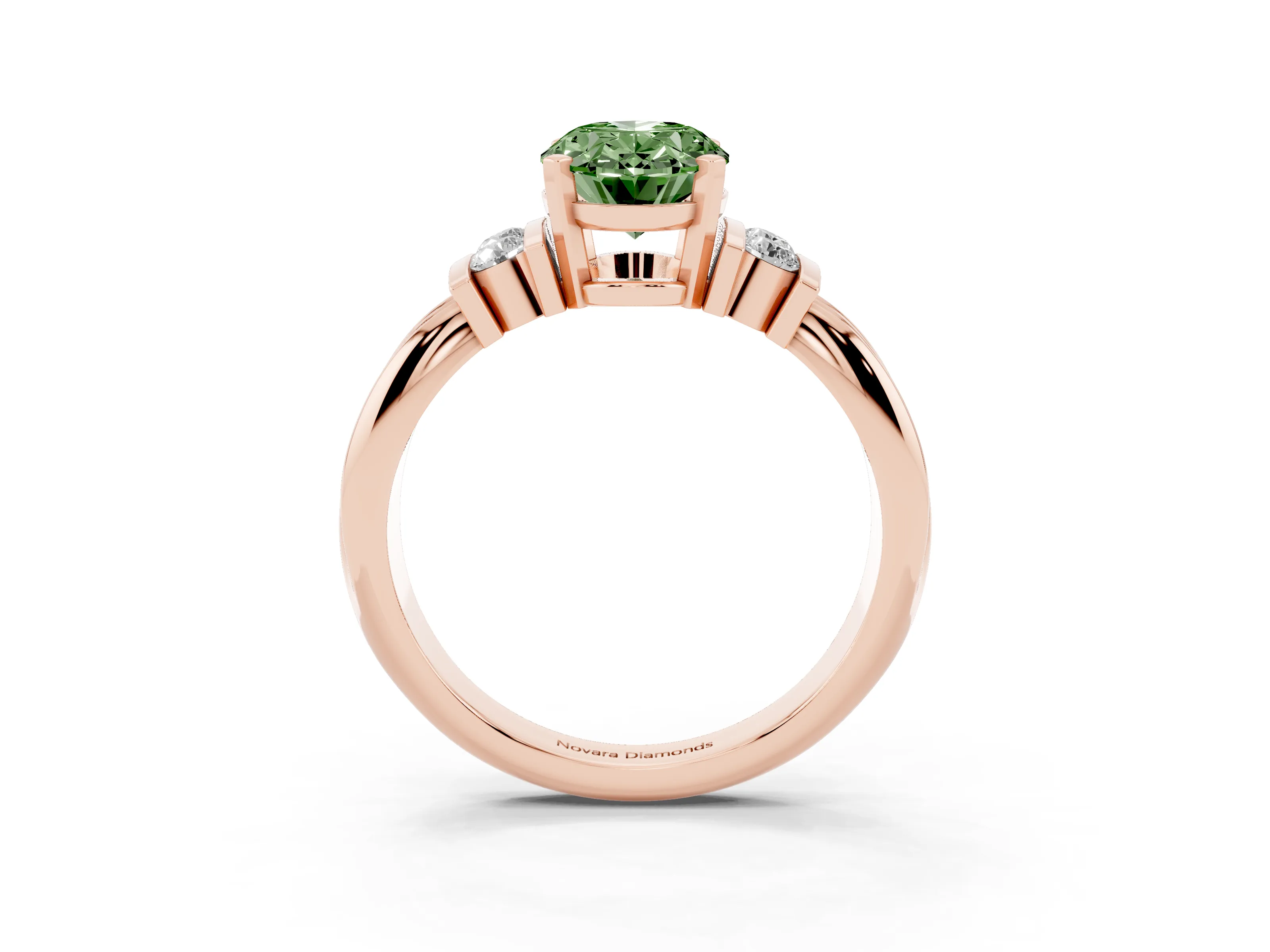 Fancy Green Three-Stone Oval Cut Diamond Channel Set Ring Set in Rose gold with Bar Prongs