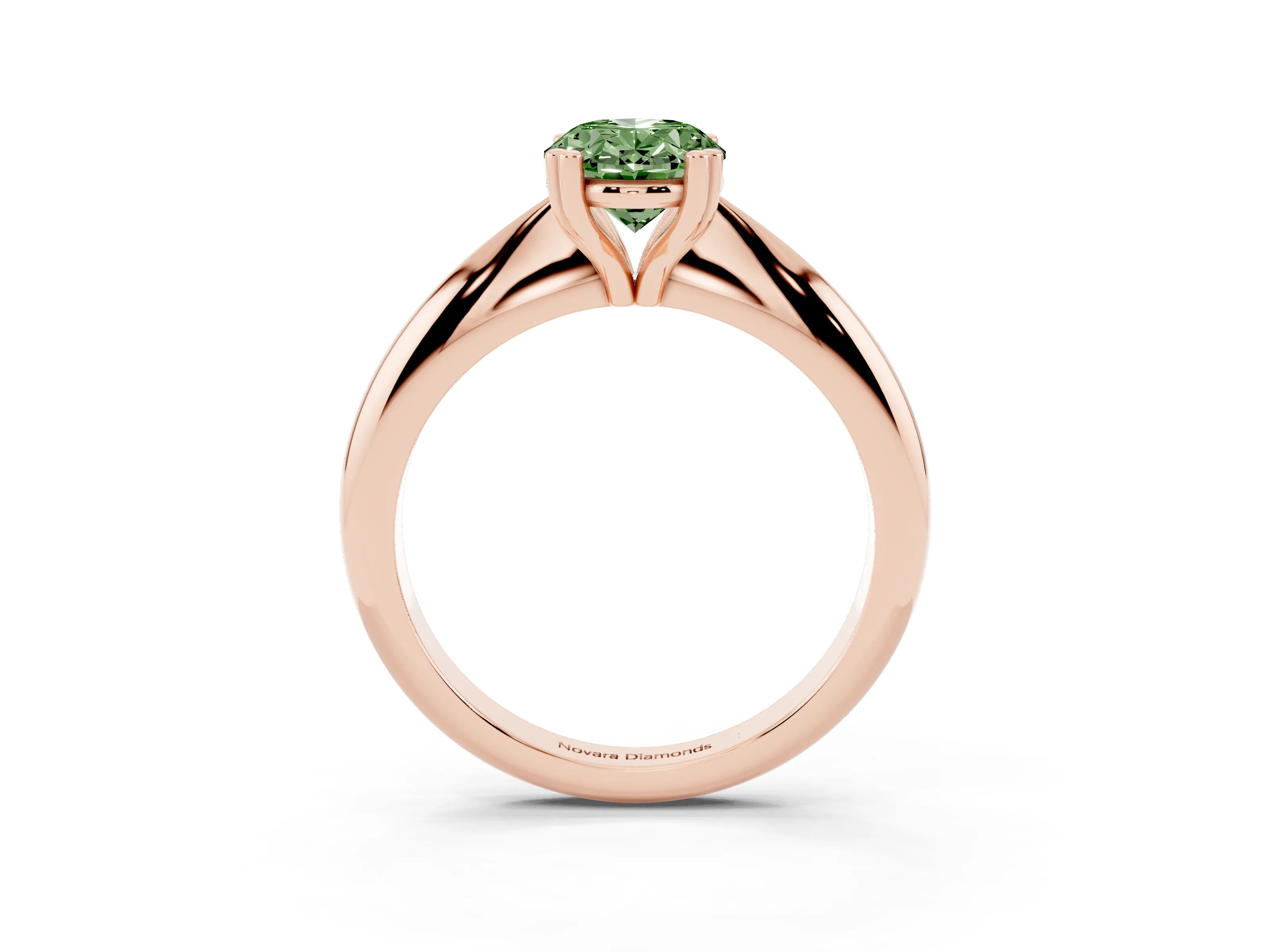Fancy Green Oval Cut Diamond Solitaire Engagement Ring Set in Rose gold with Tapered Band and Prong Setting