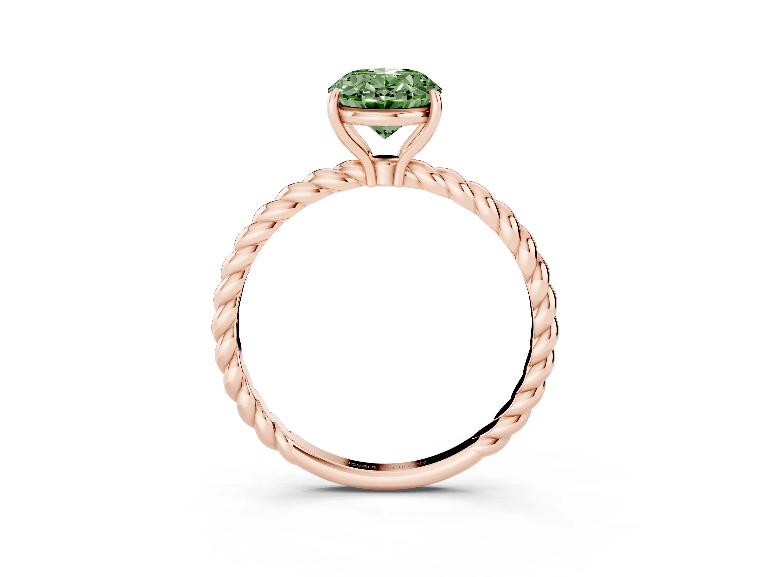 Fancy Green Oval Cut Diamond Solitaire Ring Set in Rose gold with Twist Band and Prong Setting