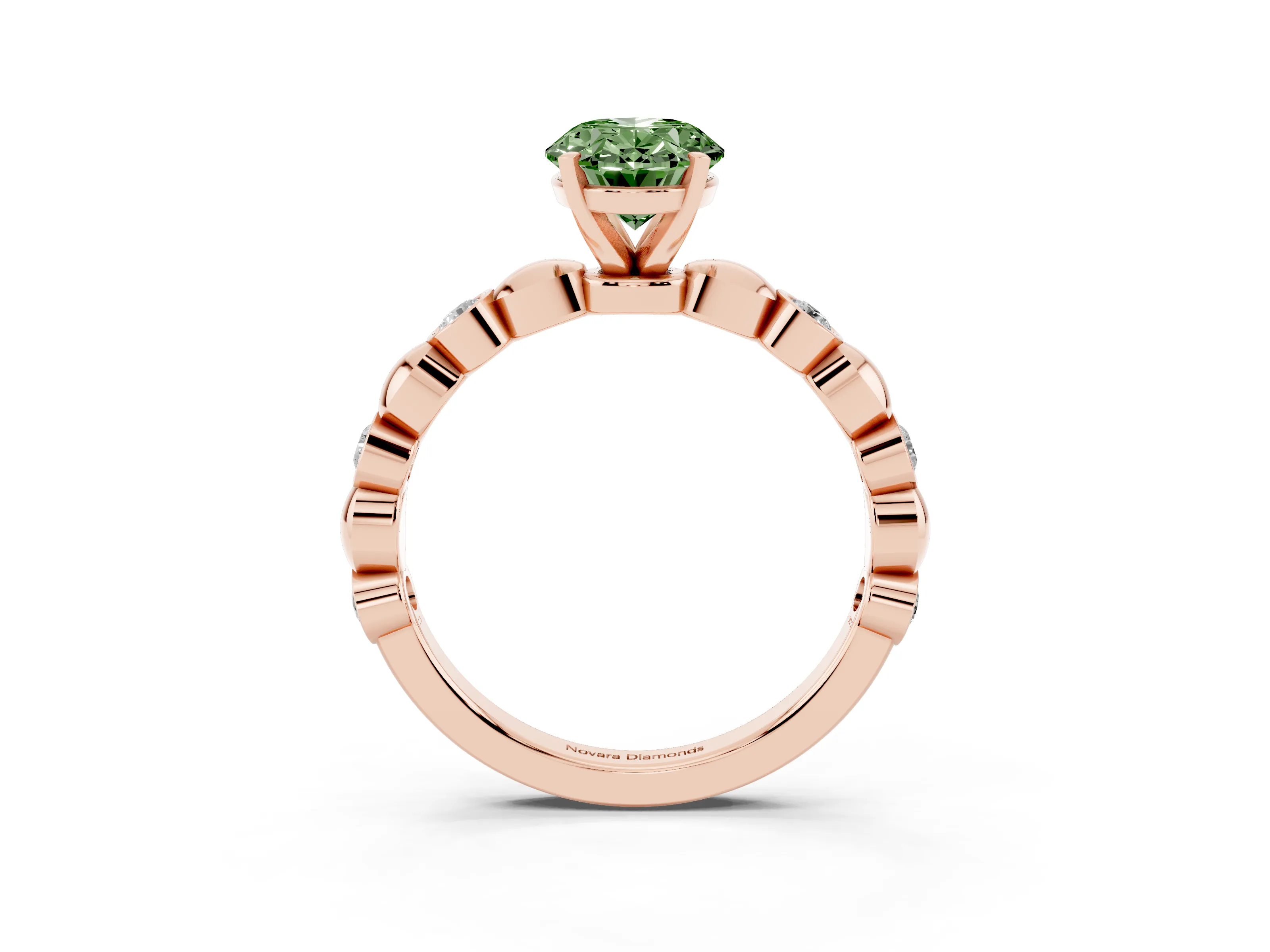 Fancy Green Oval Cut Diamond Solitaire Ring Set in Rose gold with Bezel-Set Accents on Beaded Band and Prong Setting