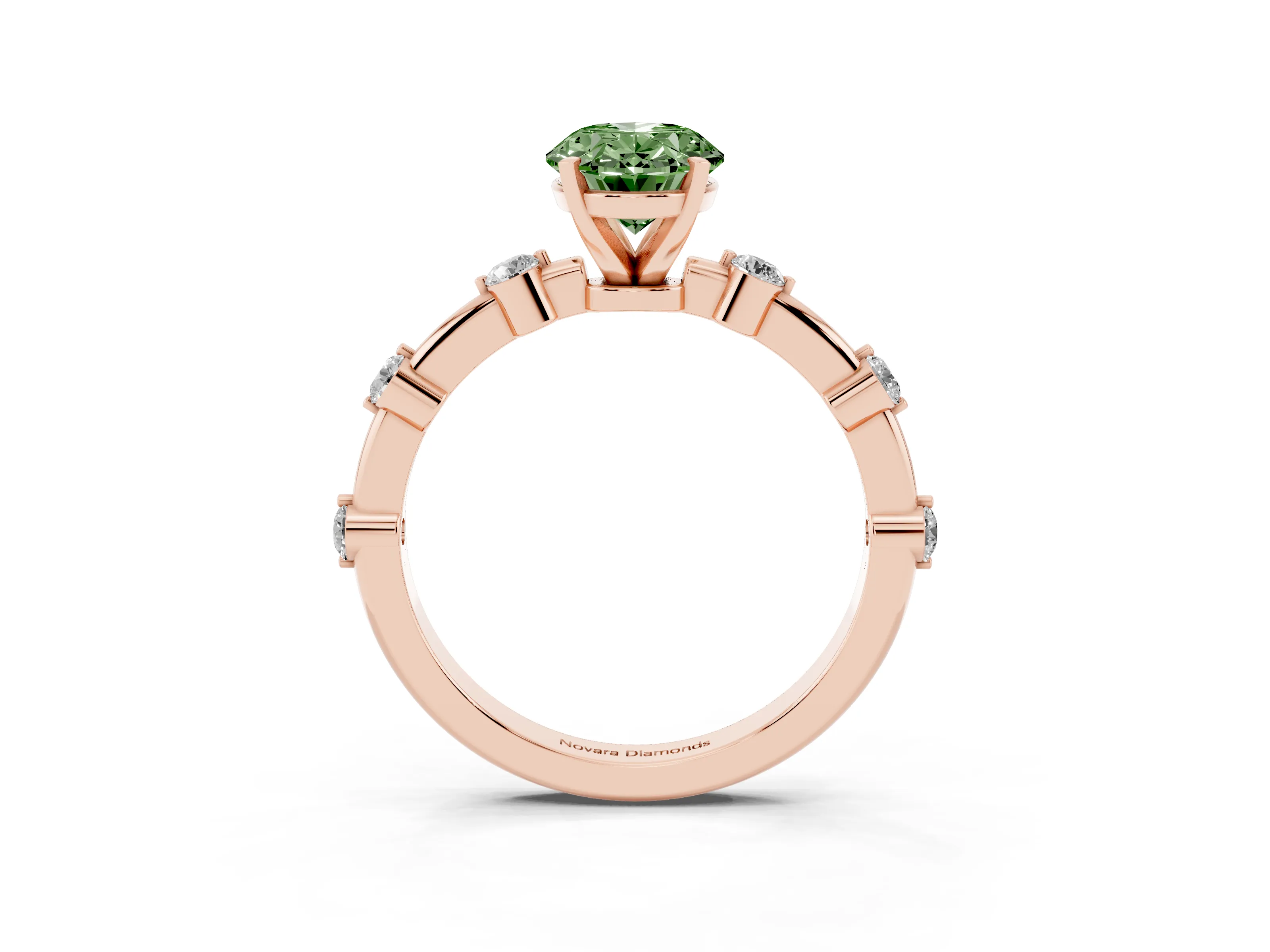 Fancy Green Oval Cut Diamond Solitaire Ring Set in Rose gold with Bezel Set Side Stones and Prong Setting