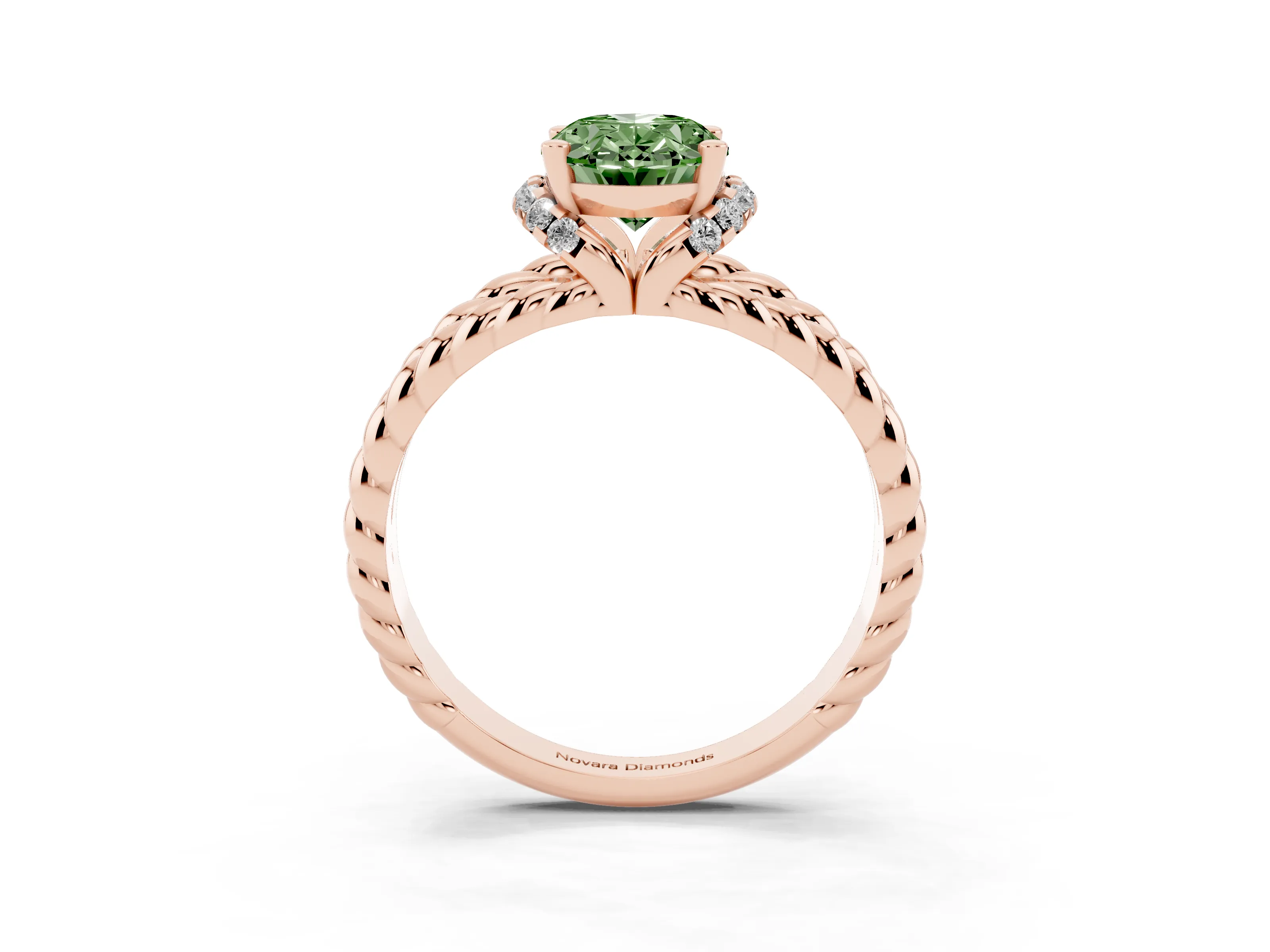 Fancy Green Oval Cut Diamond Halo Ring Set in Rose gold with Twisted Band and Prong Setting
