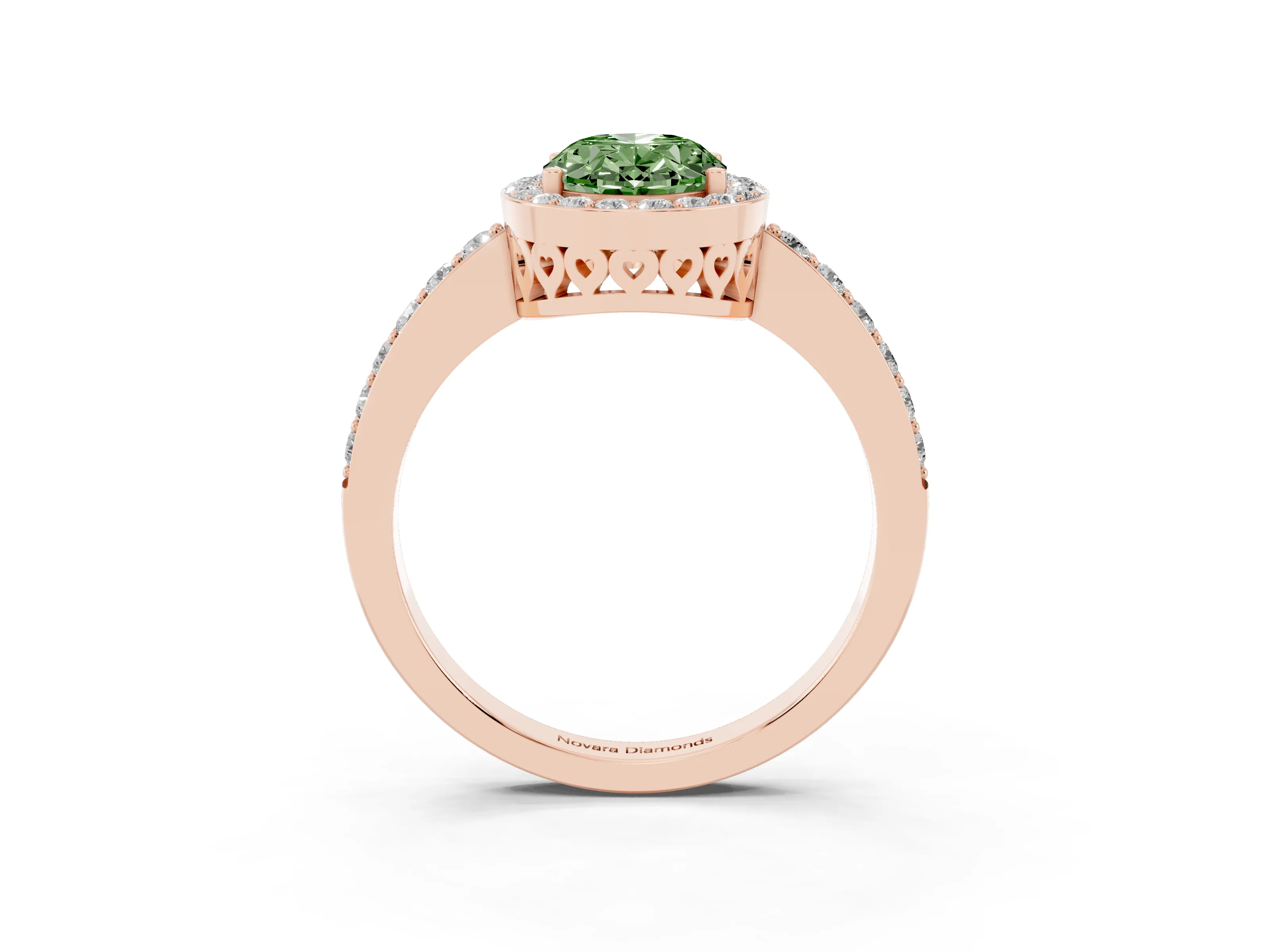 Fancy Green Oval Cut Diamond Halo Ring Set in Rose gold with Pavé-Setting Band and Open Prong Center