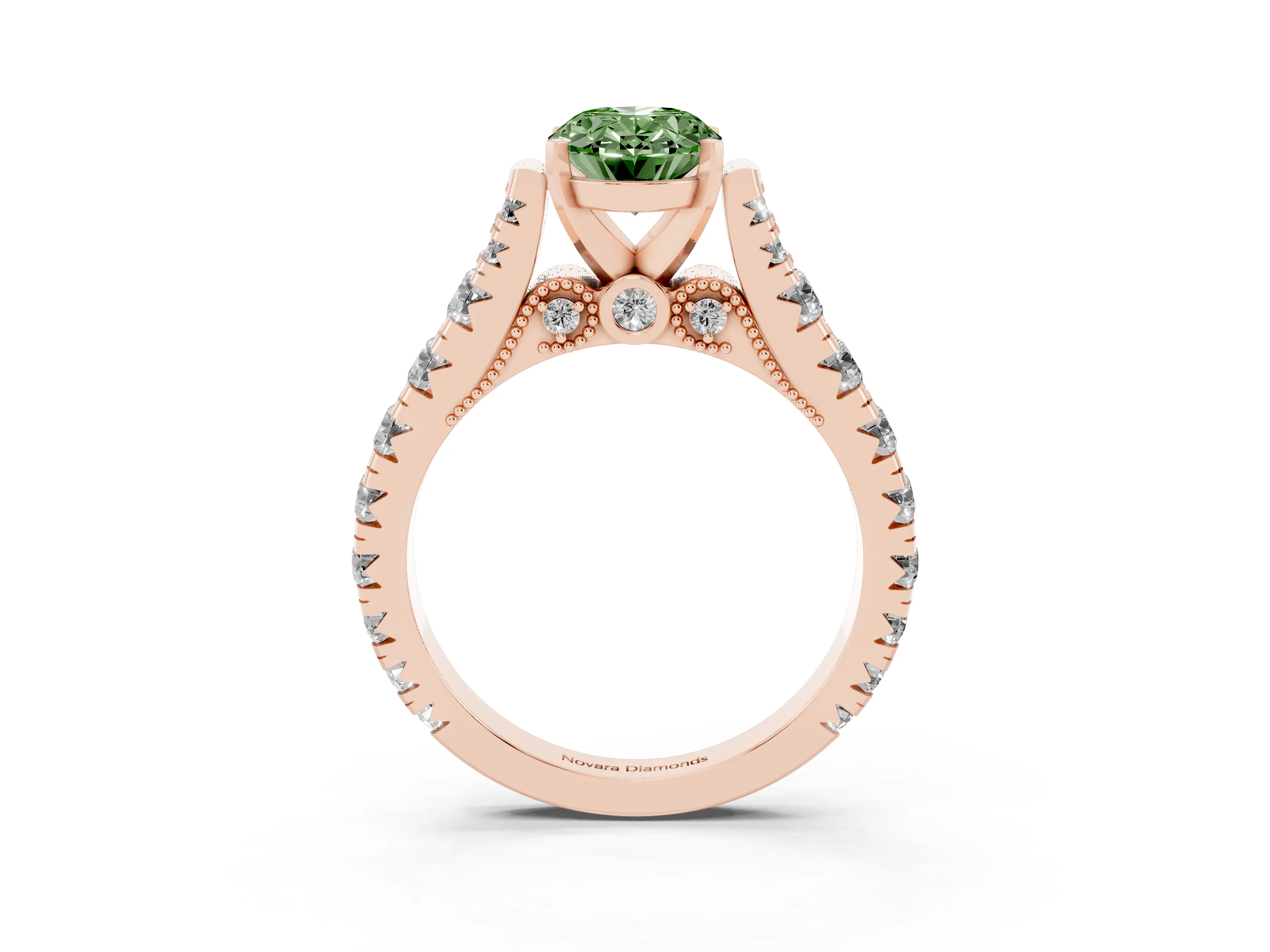 Fancy Green Oval Cut Diamond Classic Solitaire Ring Set in Rose gold with Pavé Band and Prong Setting