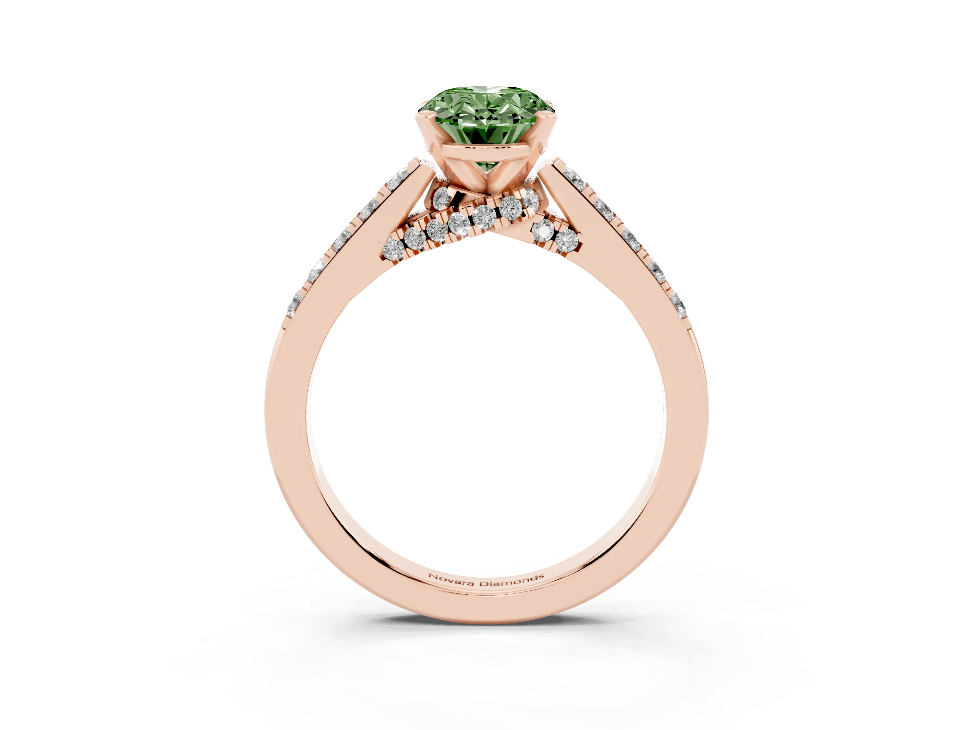 Fancy Green Oval Cut Diamond Solitaire Ring Set in Rose gold with Crossover Gallery and Round Pavé Band