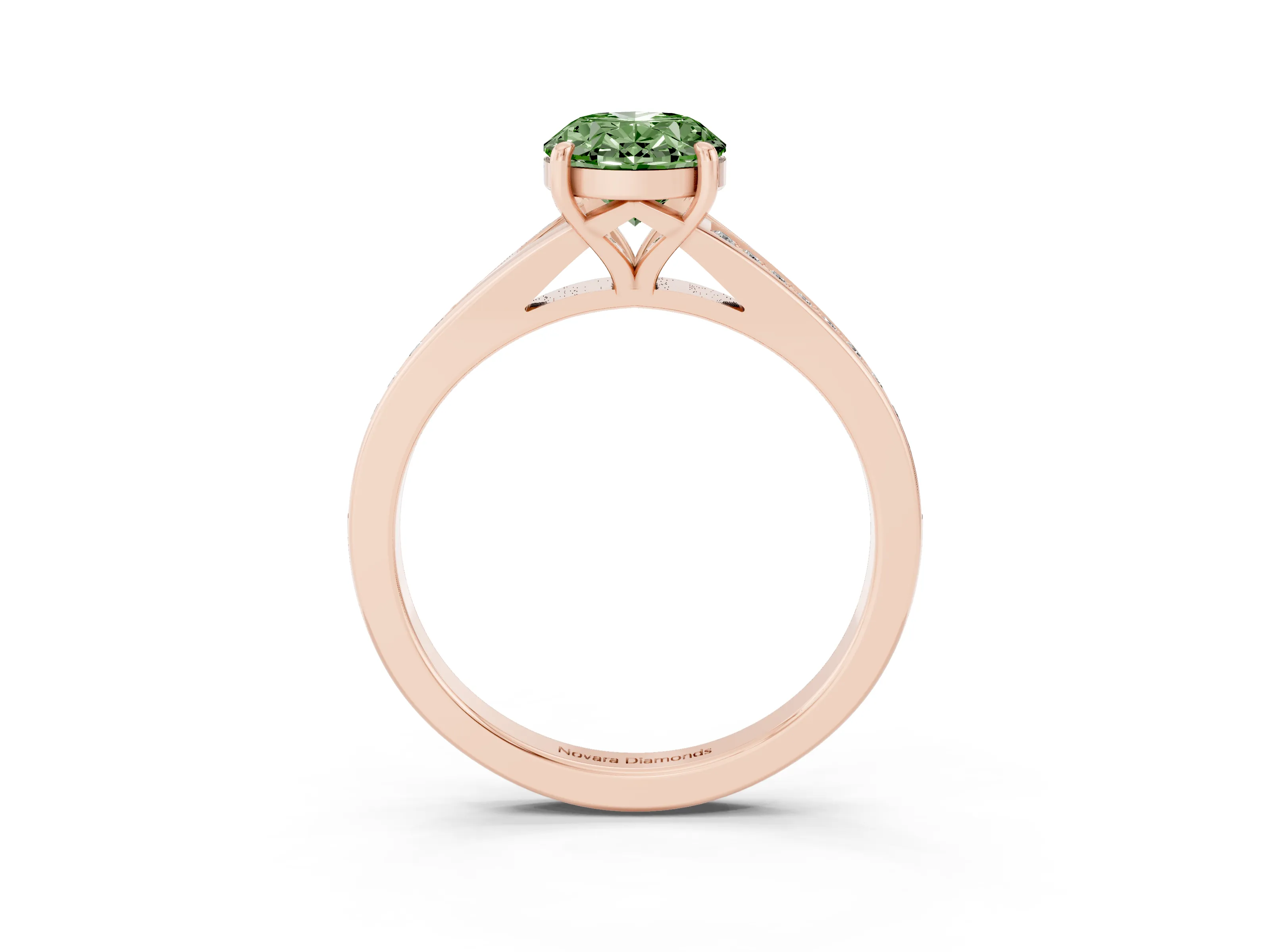 Fancy Green Oval Cut Diamond Solitaire Ring Set in Rose gold with Pavé Accent Band and Classic Prong Setting