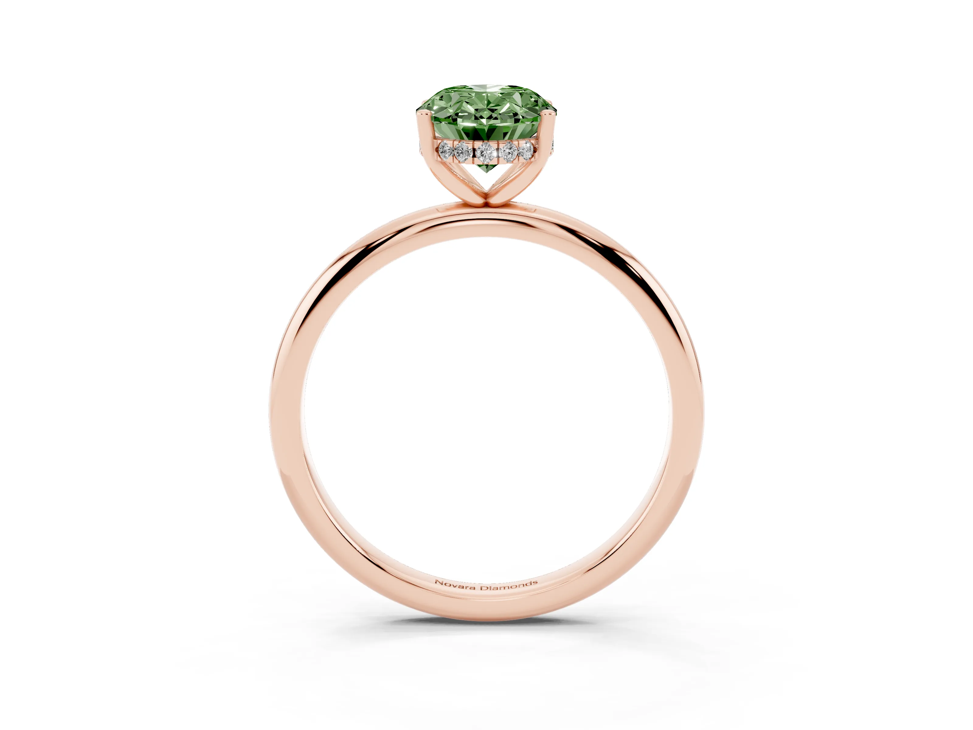 Fancy Green Oval Cut Diamond Solitaire Engagement Ring Set in Rose gold with Prong Setting and Polished Band