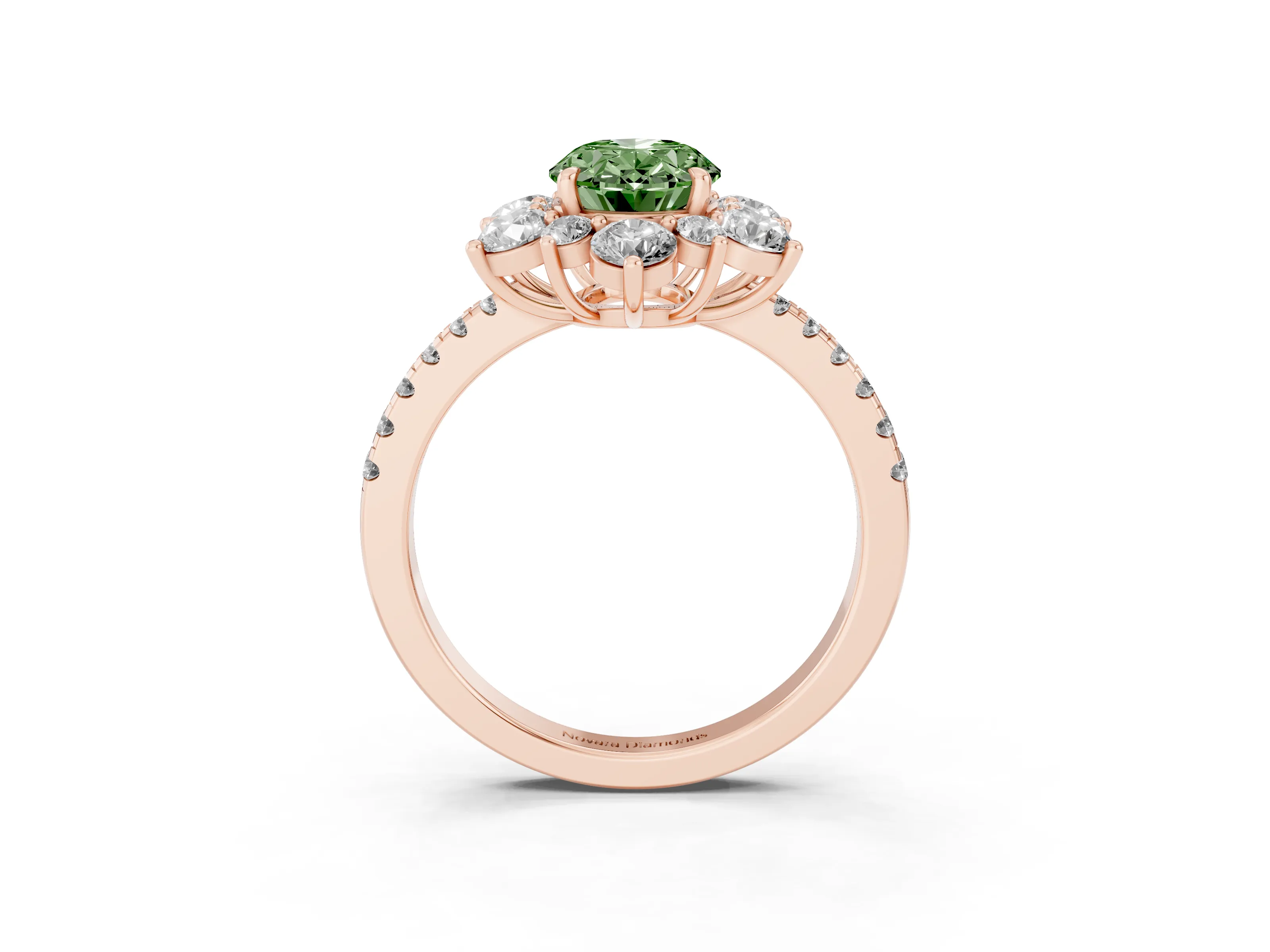 Fancy Green Oval Cut Diamond Floral Halo Ring Set in Rose gold with Round Pavé Band and Prong Setting