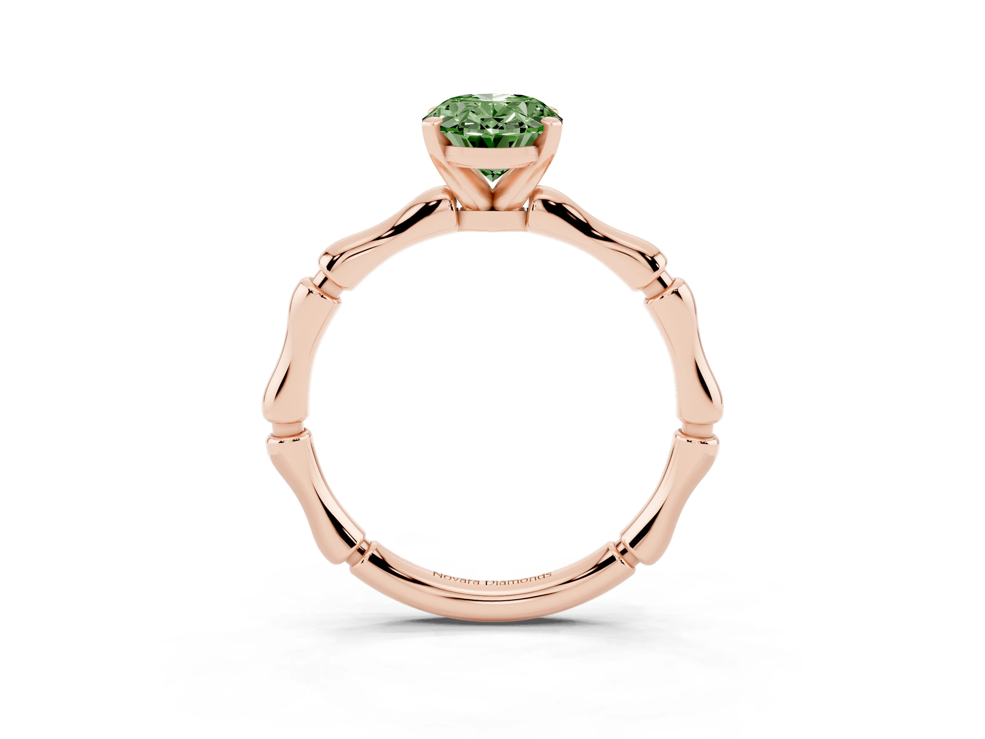 Fancy Green Oval Cut Diamond Solitaire Ring Set in Rose gold with Bamboo Band and Prong Setting