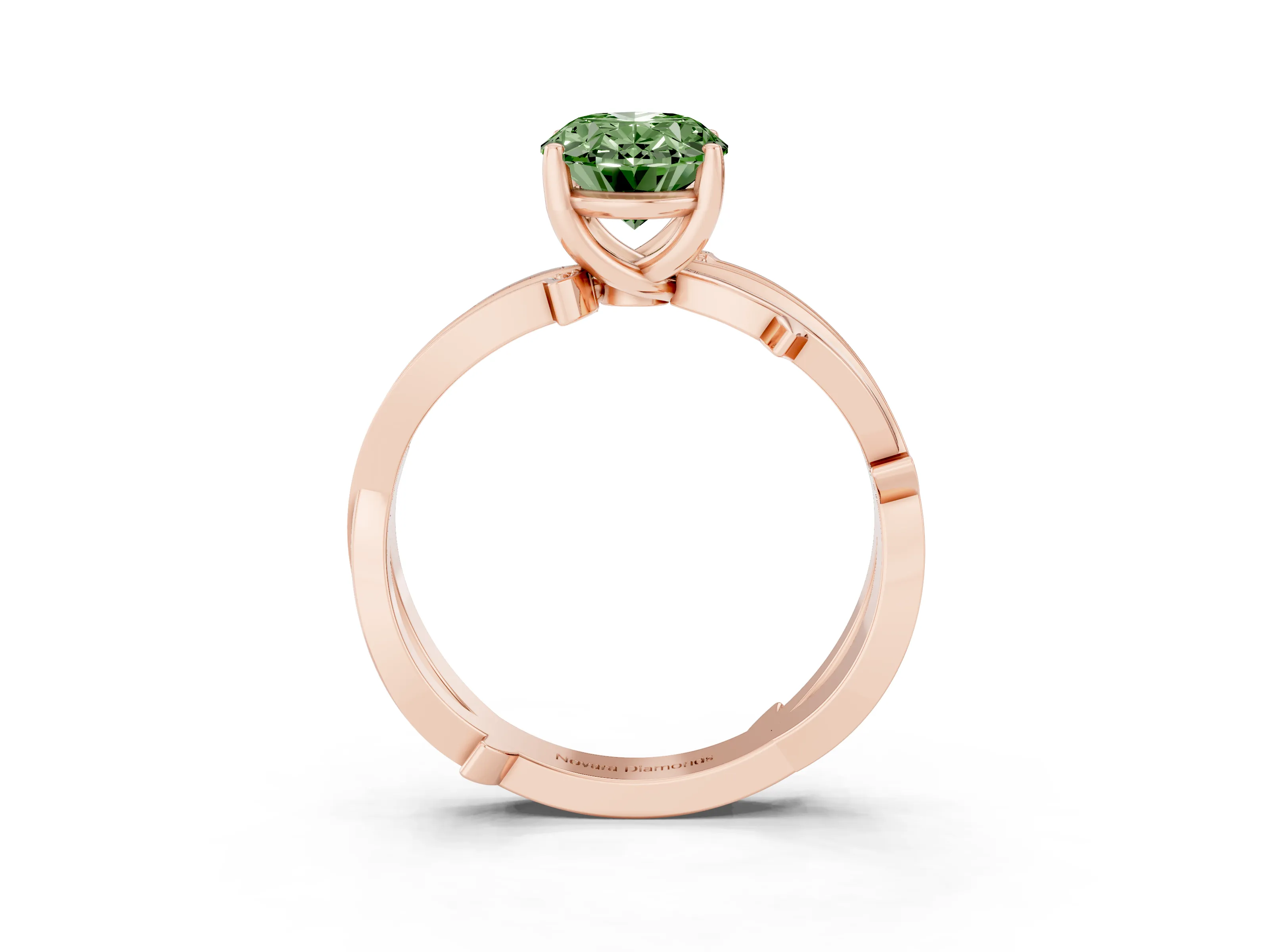 Fancy Green Oval Cut Diamond Pavé Twist Band Solitaire Ring Set in Rose gold with Prong Setting