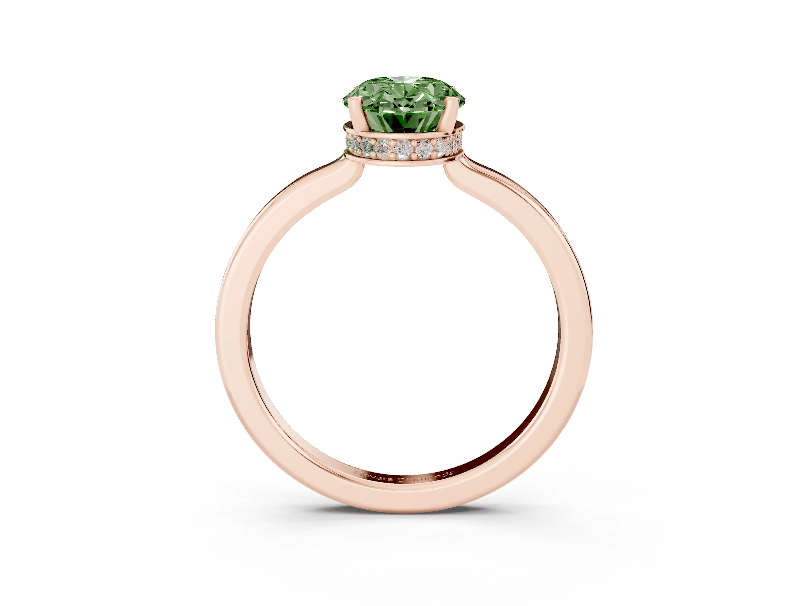 Fancy Green Oval Cut Diamond Solitaire Engagement Ring Set in Rose gold with Prong Setting on a Plain Band