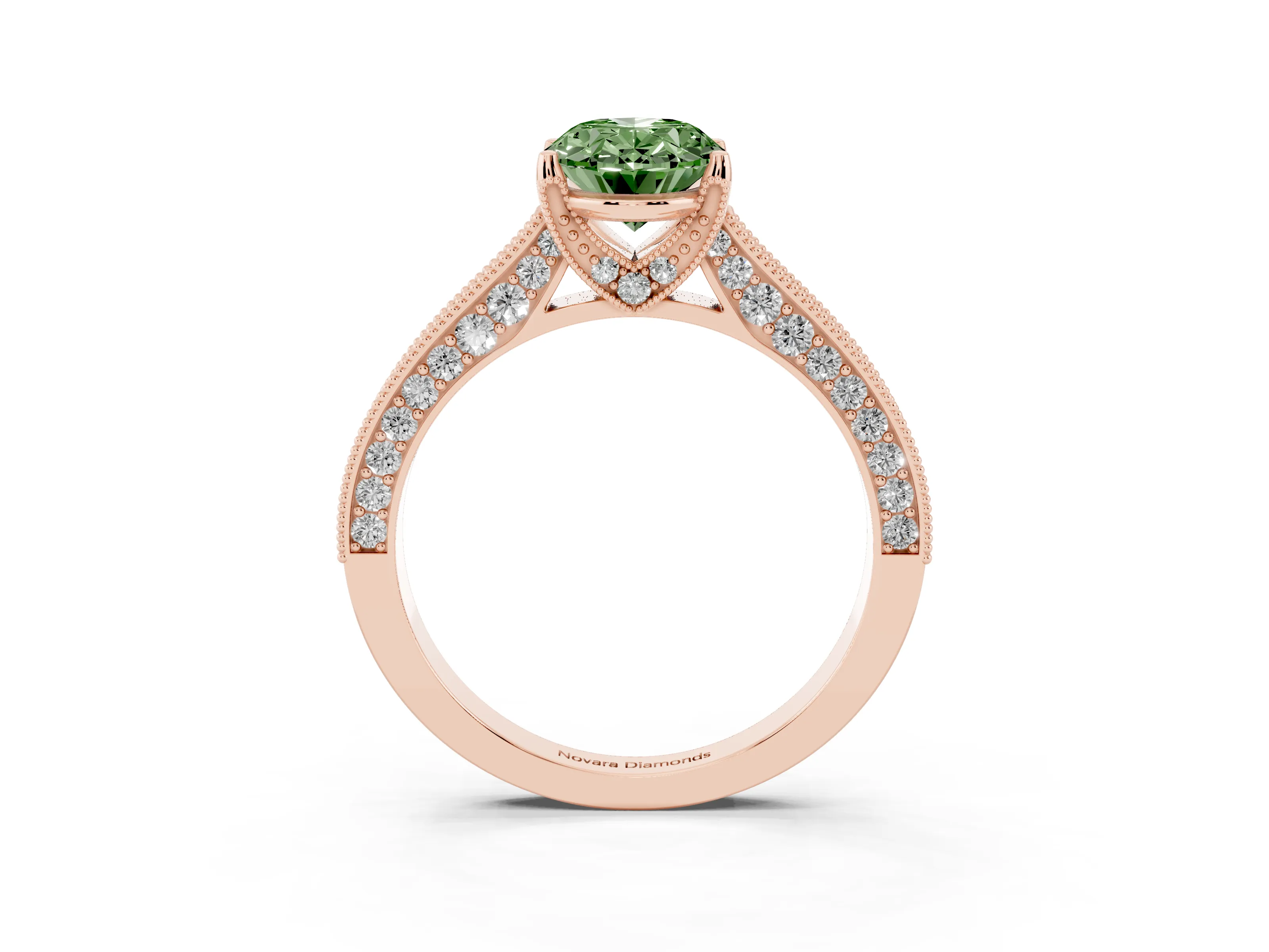 Fancy Green Oval Cut Diamond Solitaire Ring Set in Rose gold with Milgrain-Edged Pavé Band and Prong Setting