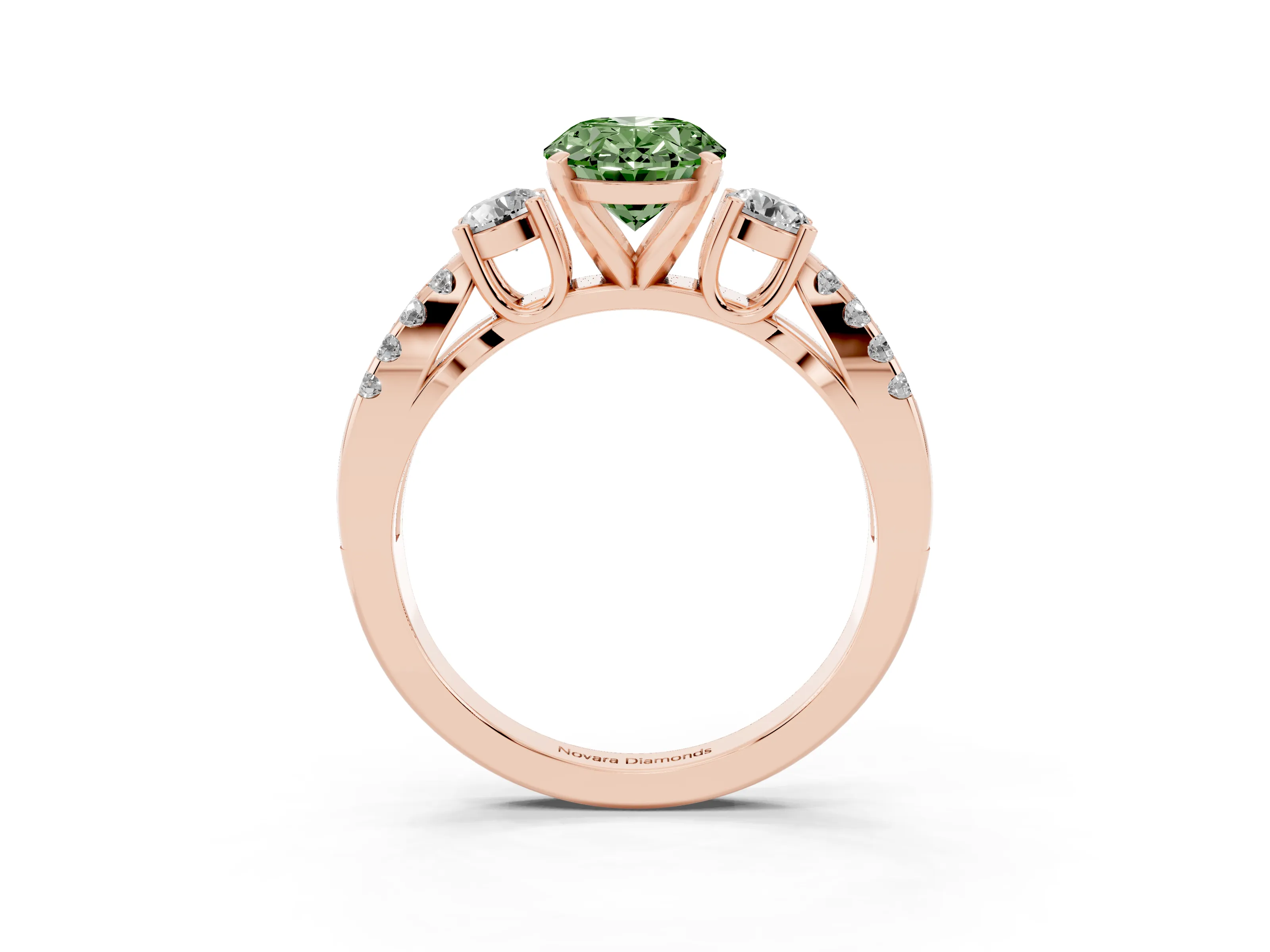 Fancy Green Oval Cut Diamond Three-Stone Ring Set in Rose gold with Pavé Split Shank and Prong Setting
