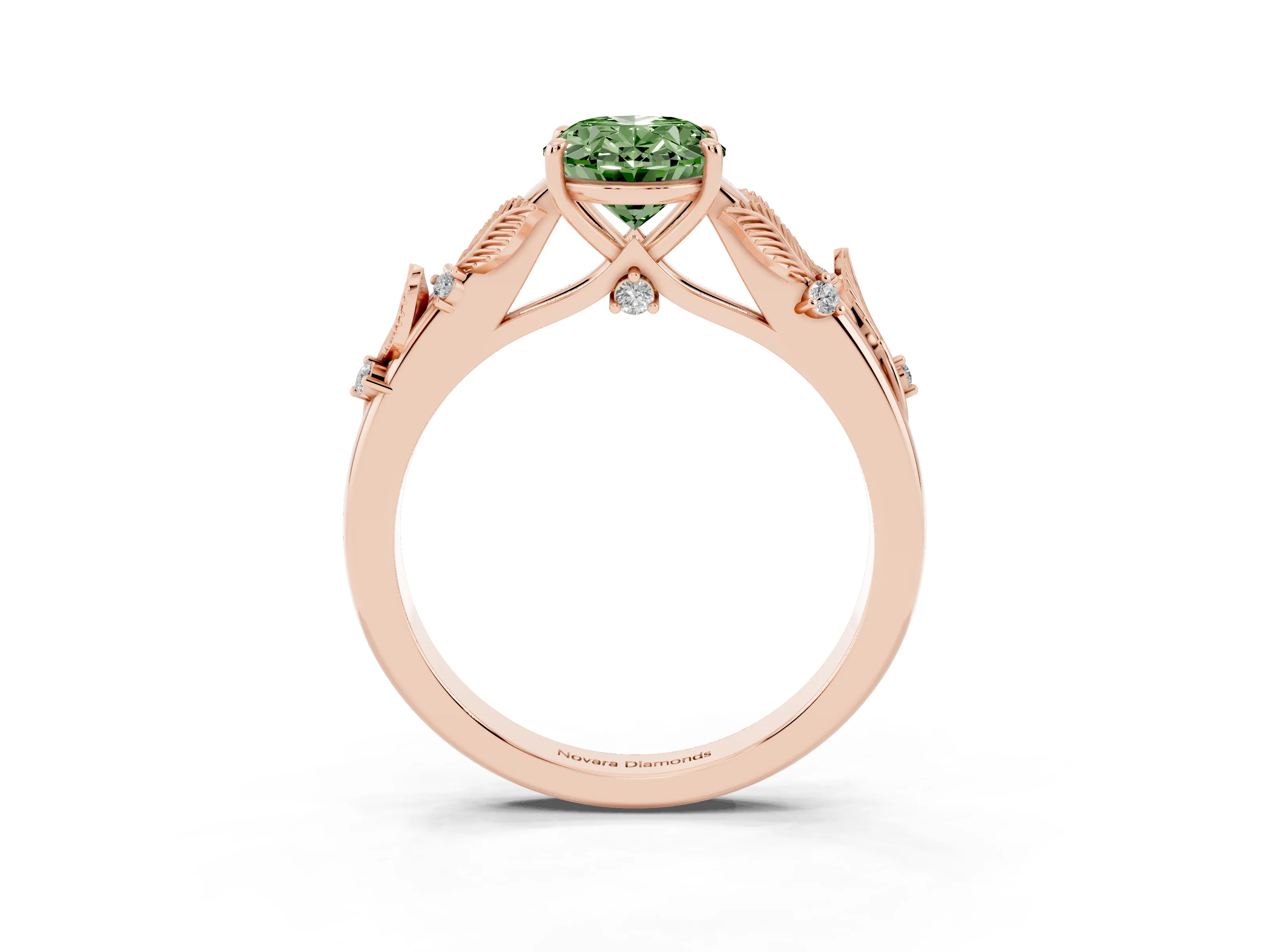 Fancy Green Oval Cut Diamond Solitaire Ring Set in Rose gold with Leaf Motif Band