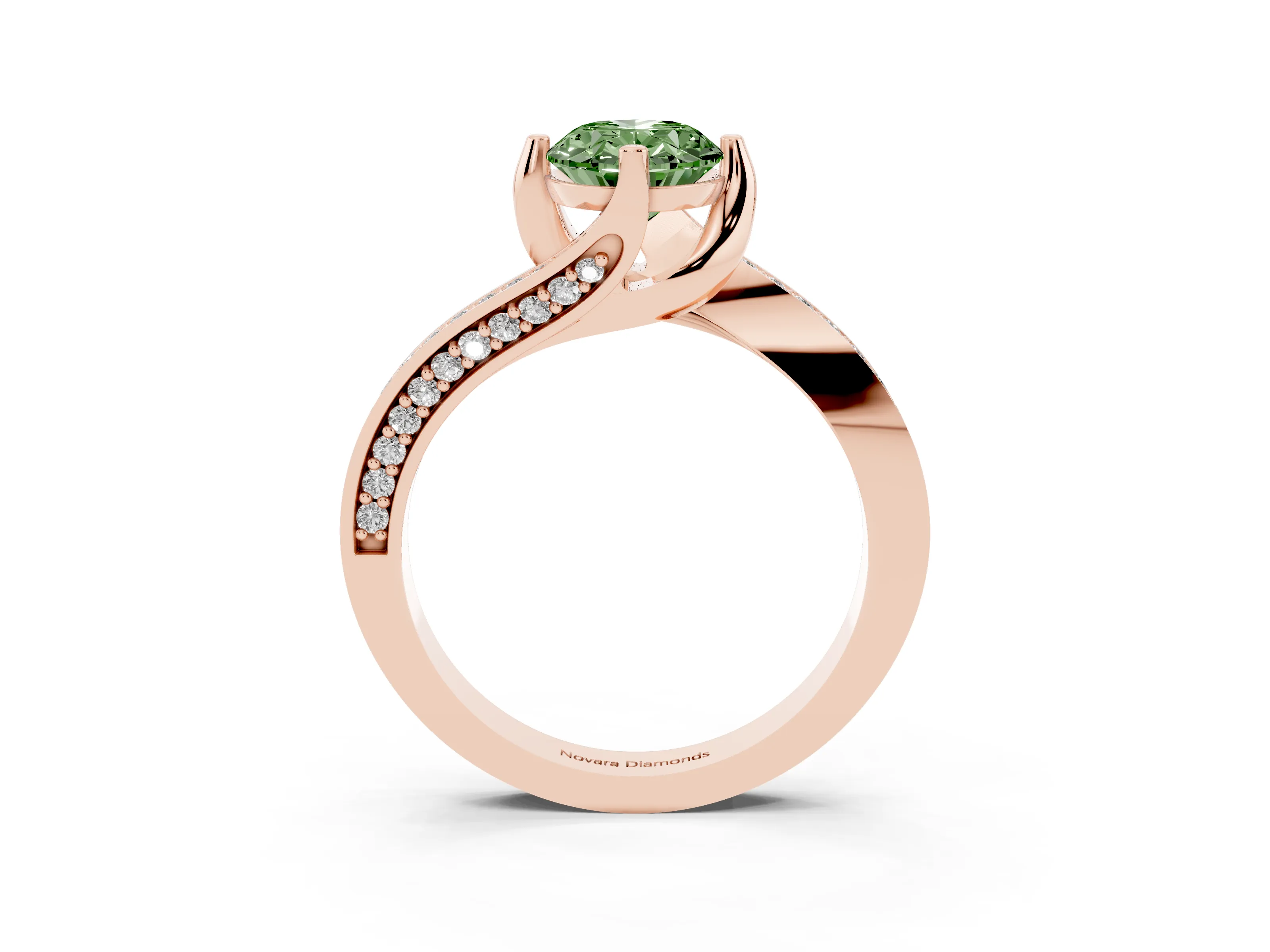 Fancy Green Oval Cut Diamond Solitaire Ring Set in Rose gold with Intertwined Pavé Twist Band