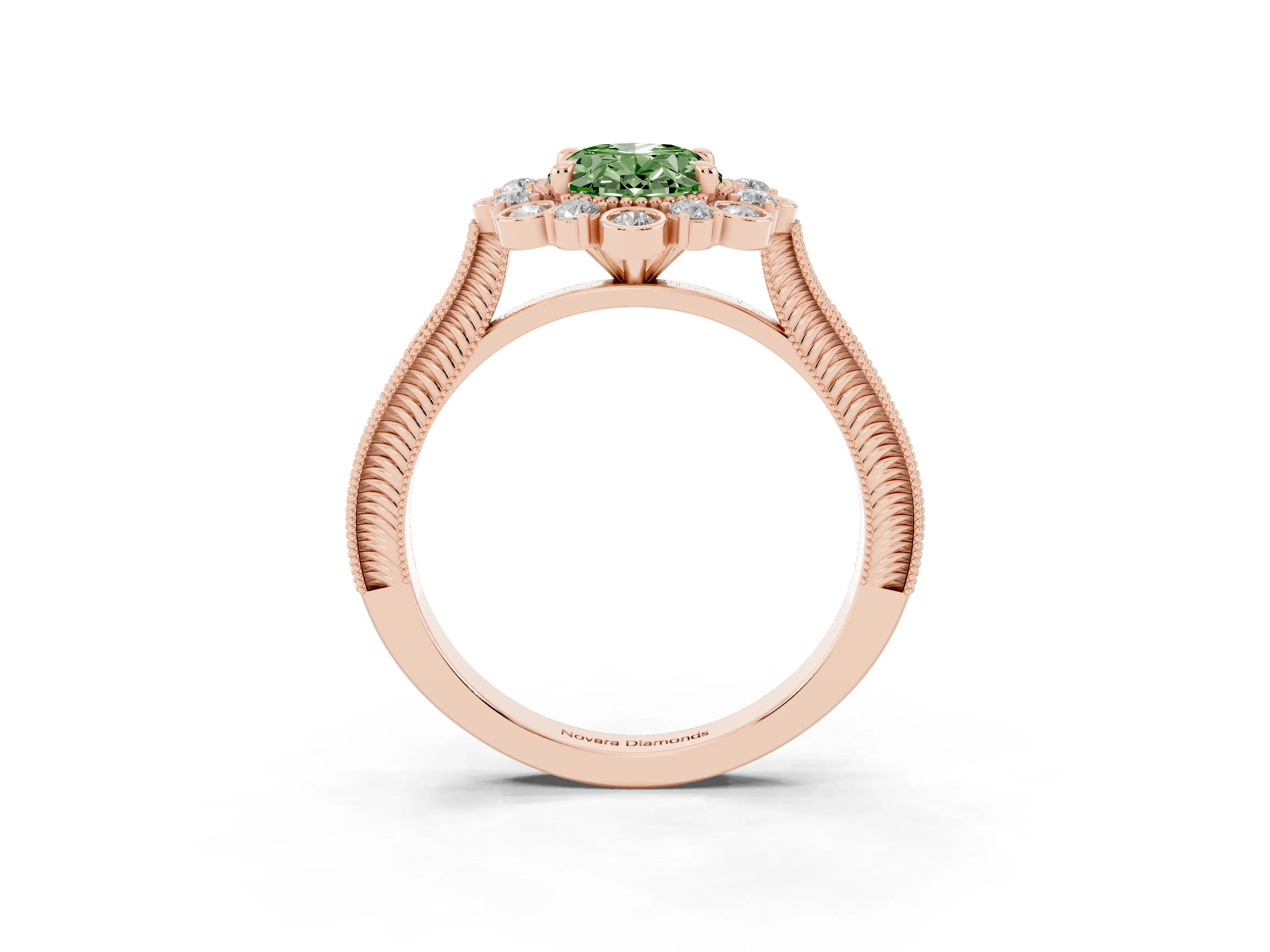 Fancy Green Oval Cut Diamond Halo Milgrain Pavé Ring Set in Rose gold with Prong Setting