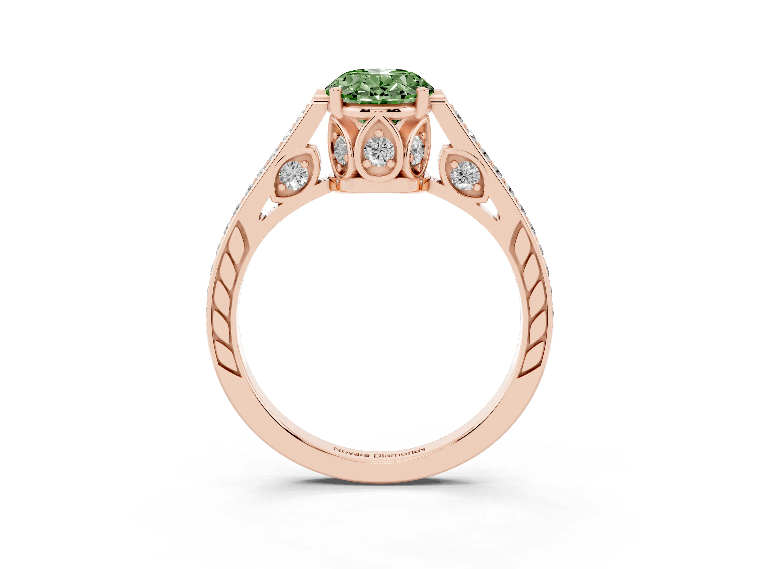 Fancy Green Oval Cut Diamond Cathedral Pavé Engagement Ring Set in Rose gold with Prong Setting