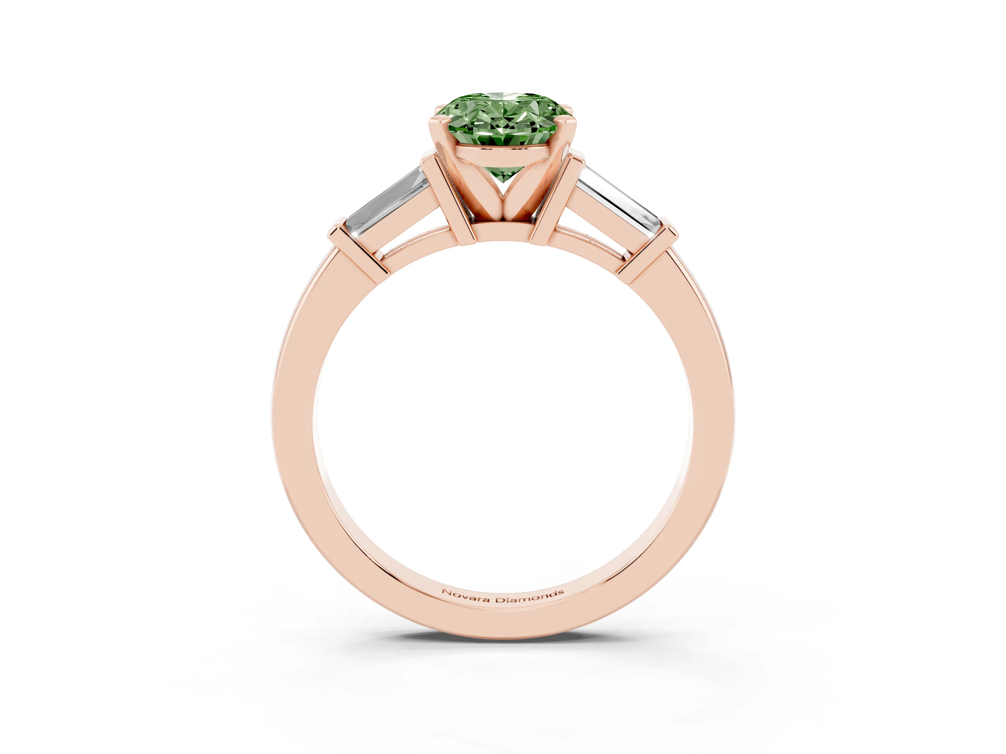 Fancy Green Oval Cut Diamond Solitaire Ring Set in Rose gold with Tapered Baguette Accents and Prong Setting