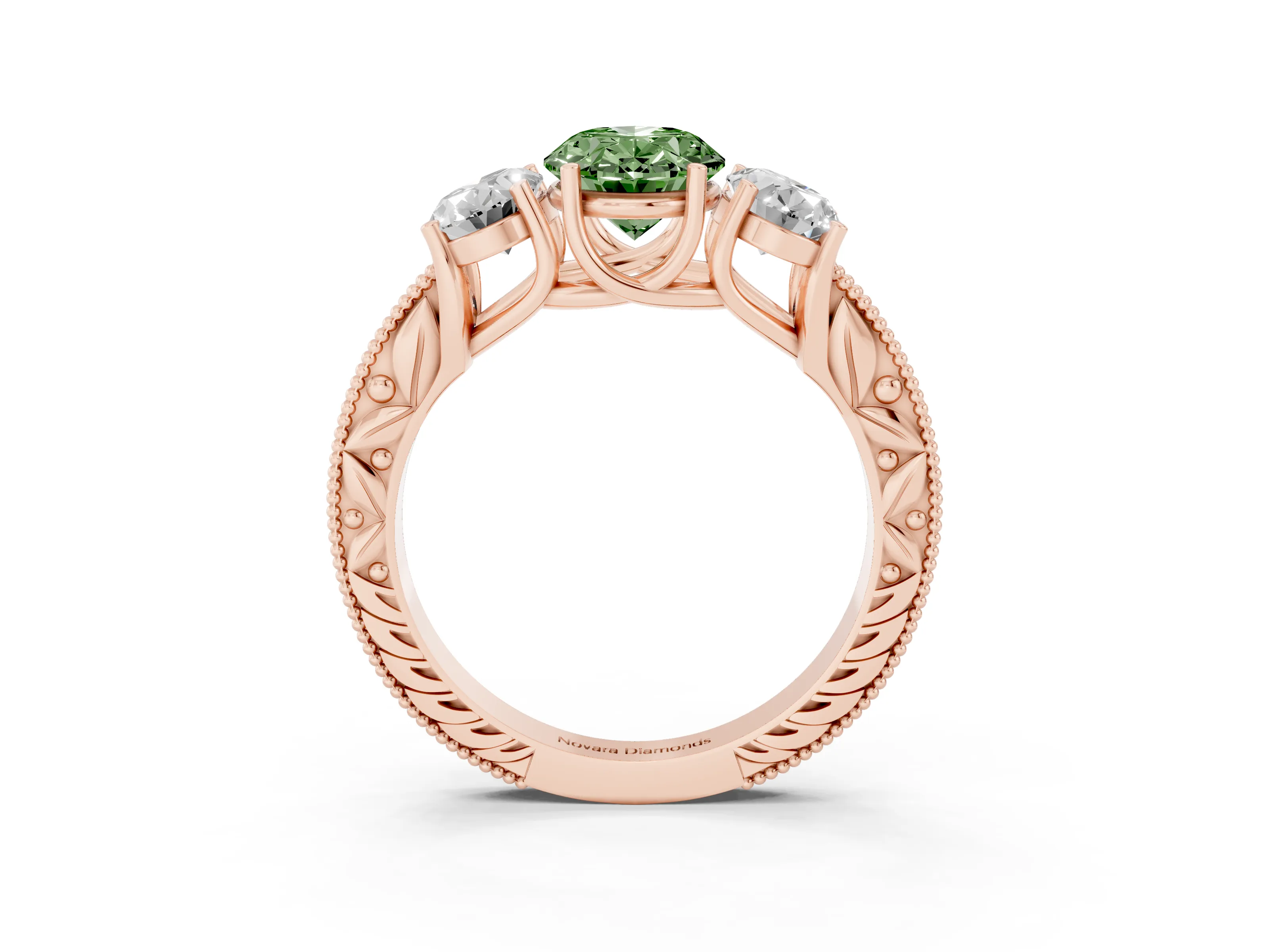 Fancy Green Oval Cut Diamond Three-Stone Engagement Ring Set in Rose gold with Milgrain Pavé Band