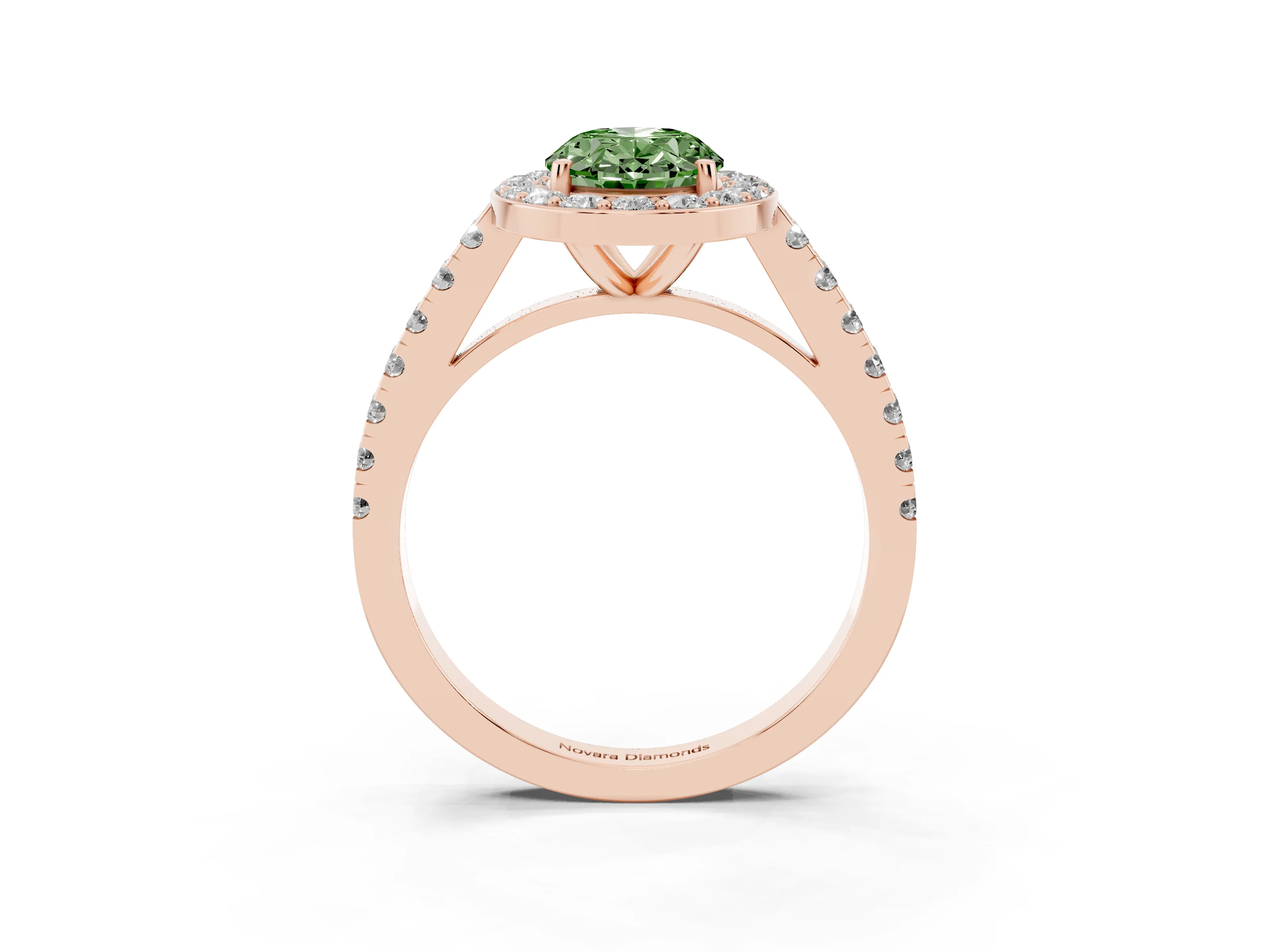 Fancy Green Oval Cut Diamond Halo Ring Set in Rose gold with Round Pavé Split Shank and Prong Setting