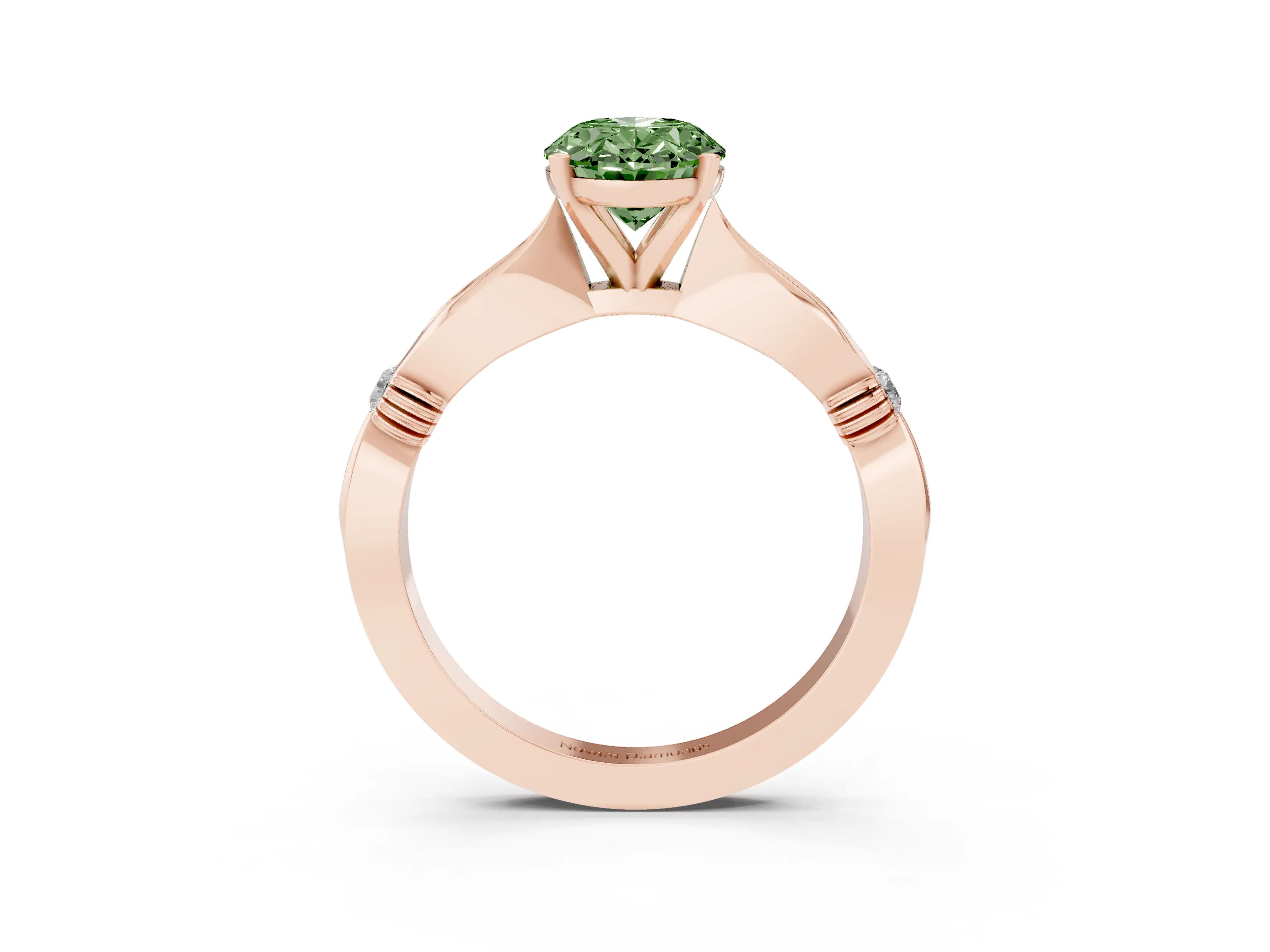 Fancy Green Oval Cut Diamond Solitaire Twisted Band Ring Set in Rose gold with Accent Stones and Prong Setting