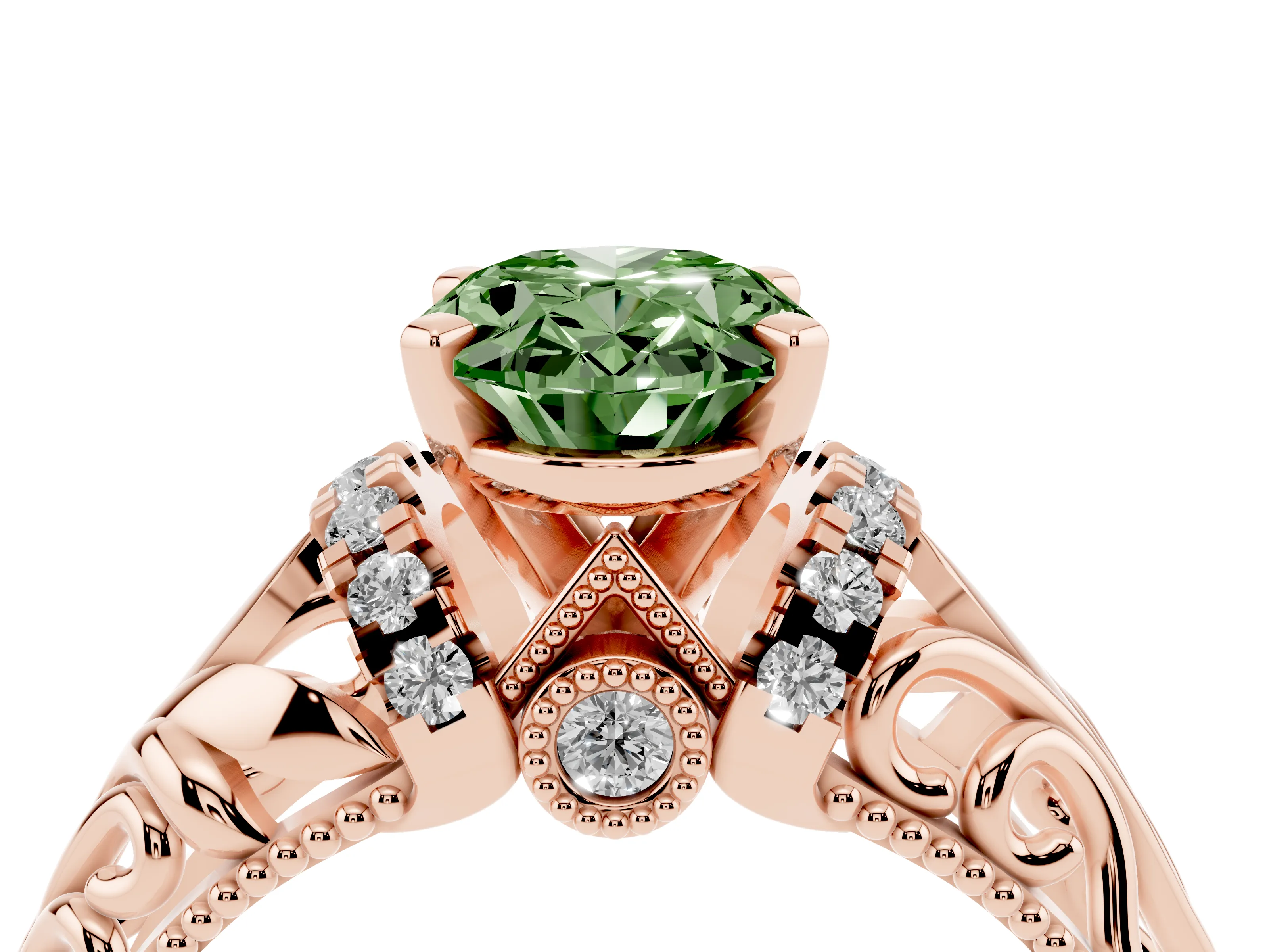 Fancy Green Oval Cut Diamond Filigree Halo Engagement Ring Set in Rose gold with Prong Setting
