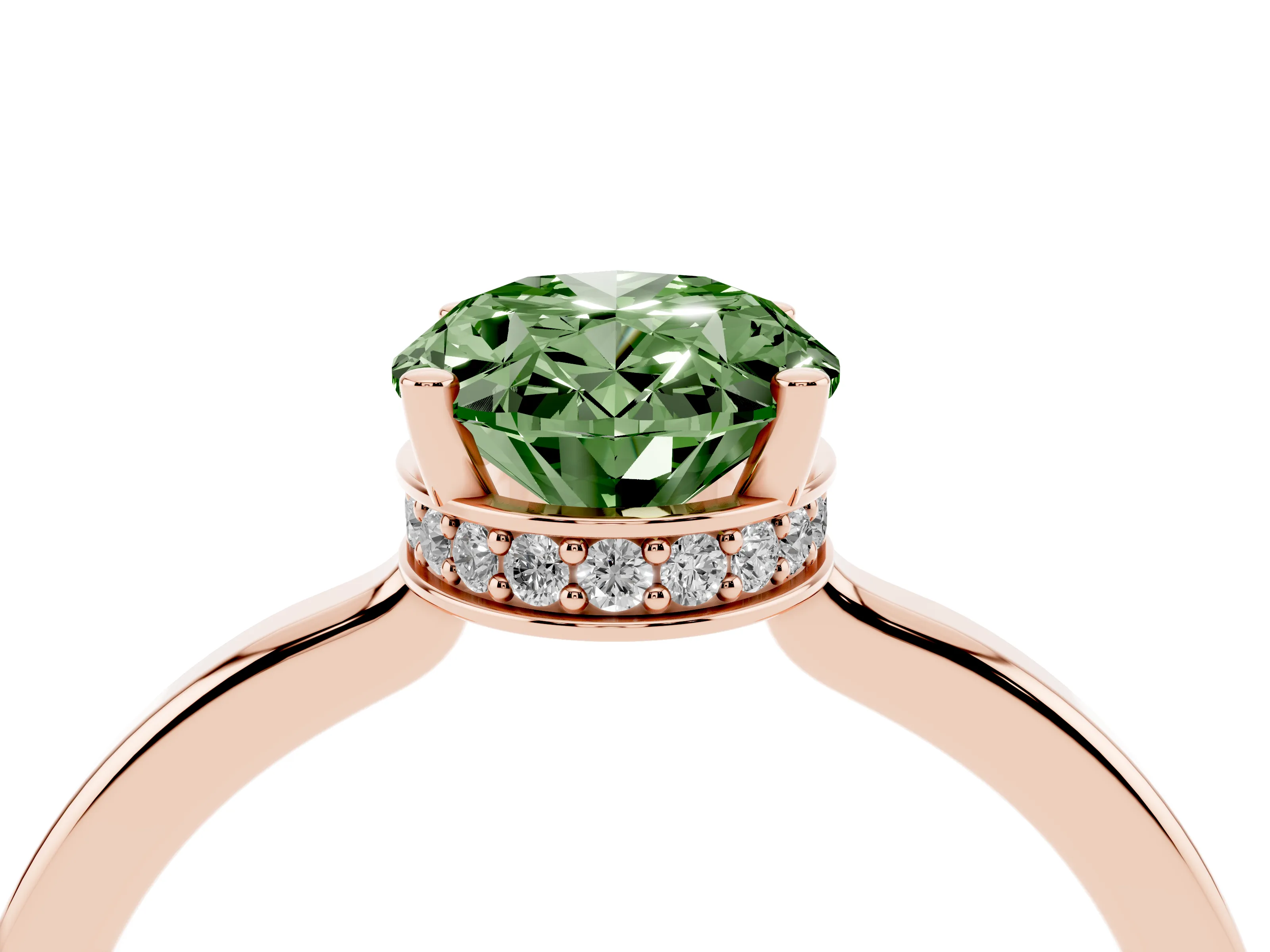 Fancy Green Oval Cut Diamond Solitaire Engagement Ring Set in Rose gold with Prong Setting on a Plain Band