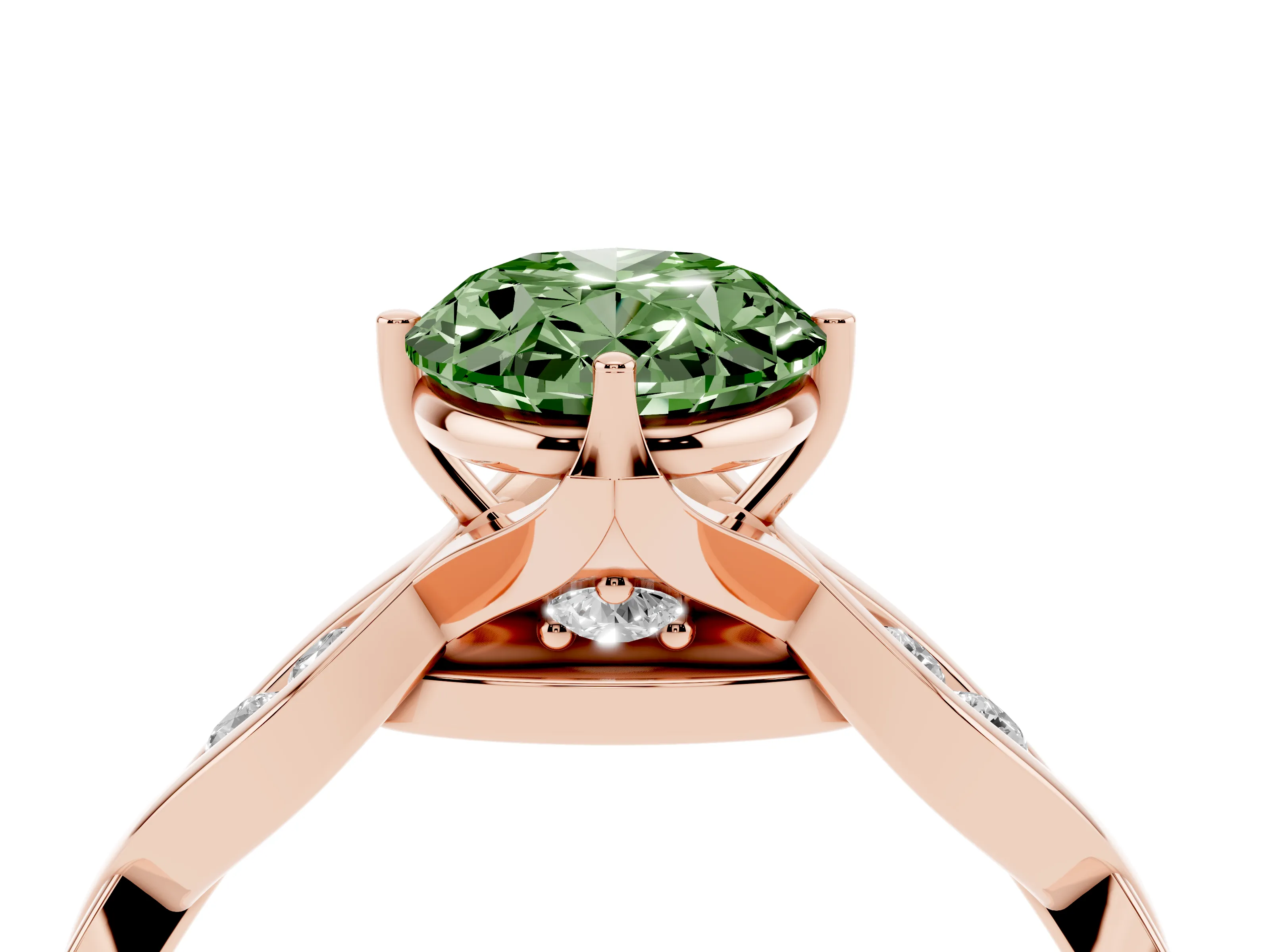 Fancy Green Oval Cut Diamond Twist Band Solitaire Ring Set in Rose gold with Leaf Prong Setting and Accent Stones