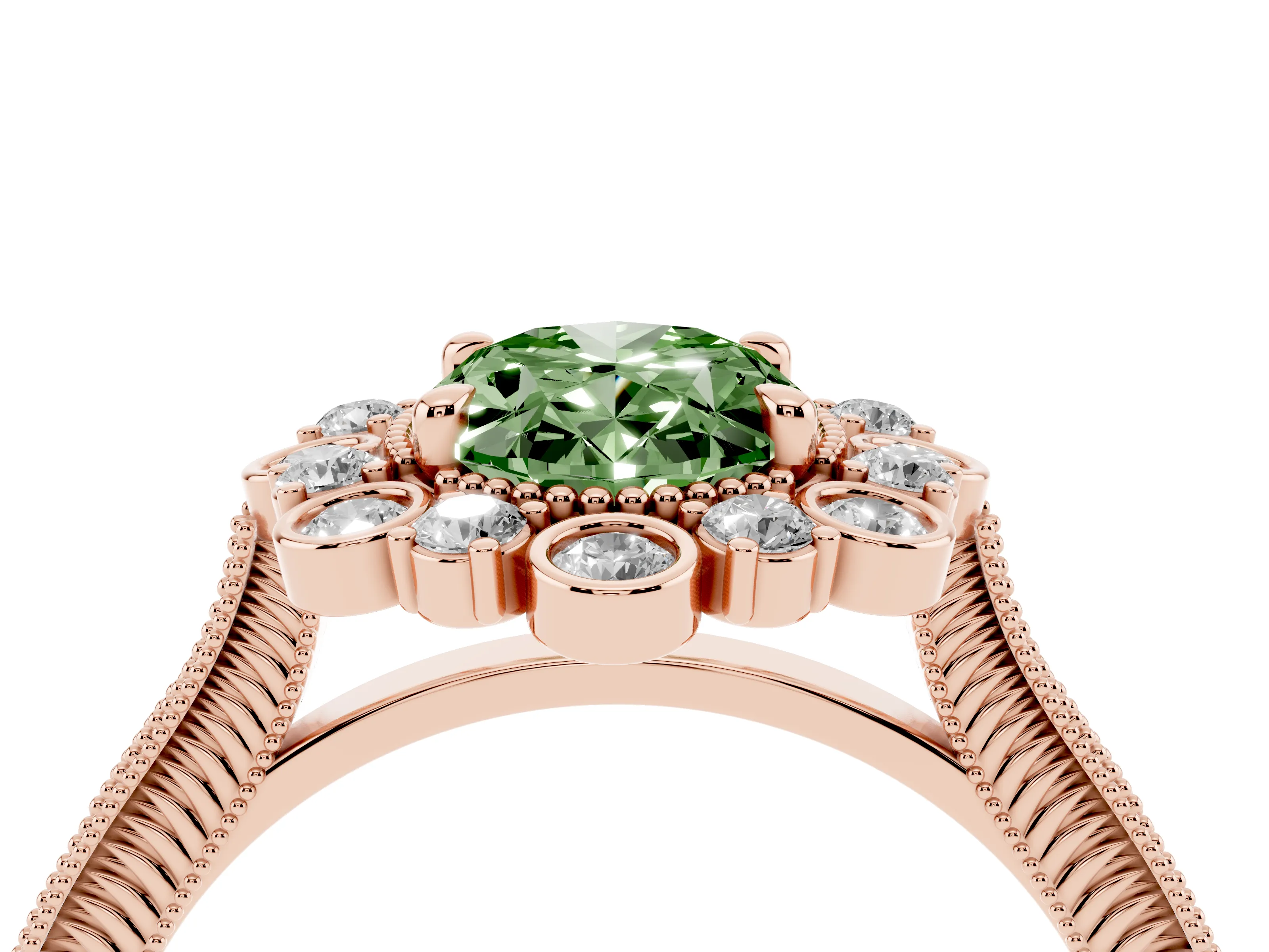 Fancy Green Oval Cut Diamond Halo Milgrain Pavé Ring Set in Rose gold with Prong Setting